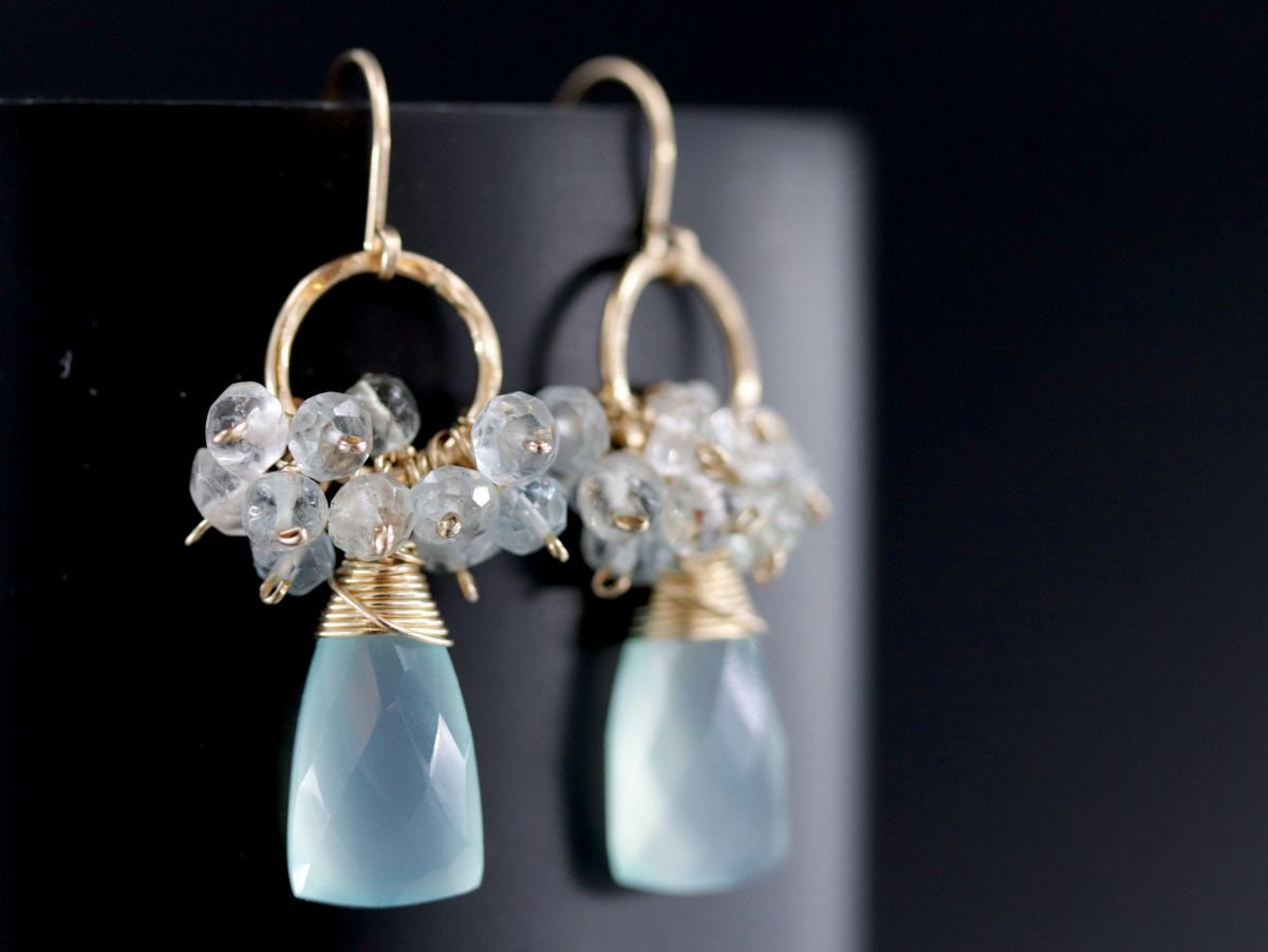 Labradorite Opal Cluster Gemstone Earrings, 14K Gold Filled Bohemian Wedding