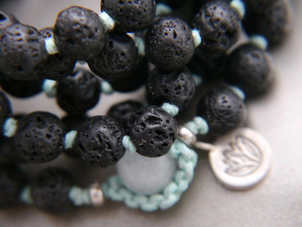 Black Lava Rock 108 Mala Bead , Wrap, Hand Knotted Tibetan Prayer Beads