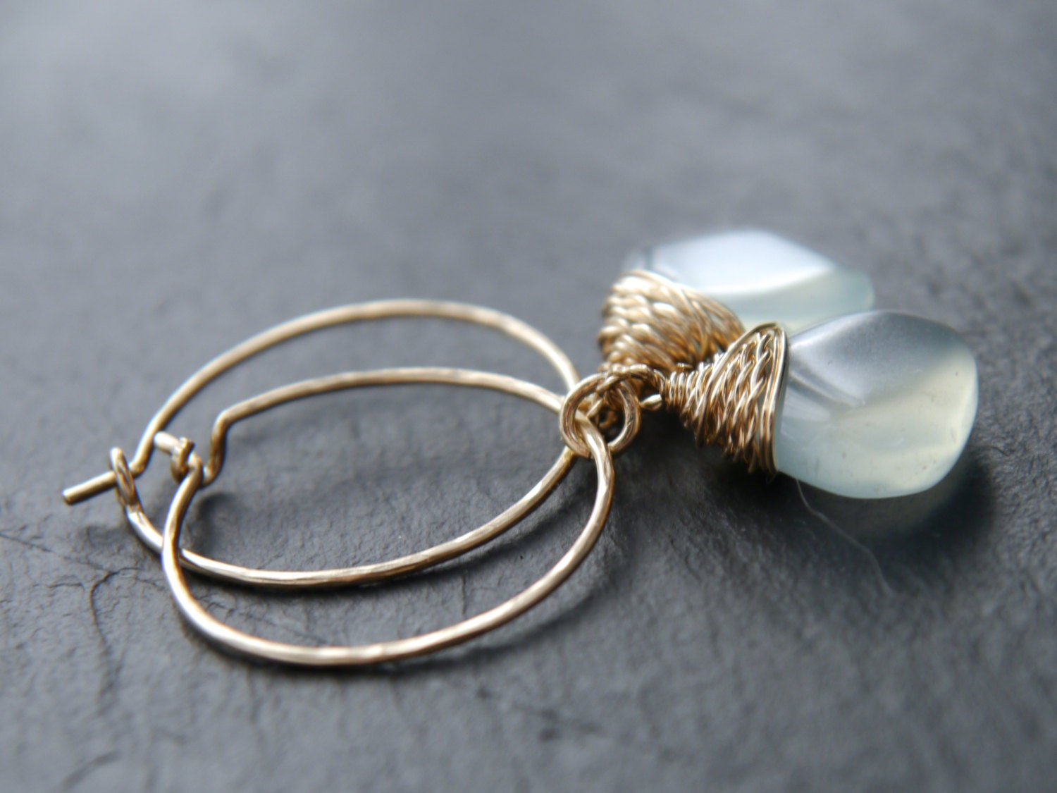 Aqua Chalcedony Heart Teardrop Hoop Gemstone Earrings, 14K Gold Filled Romantic