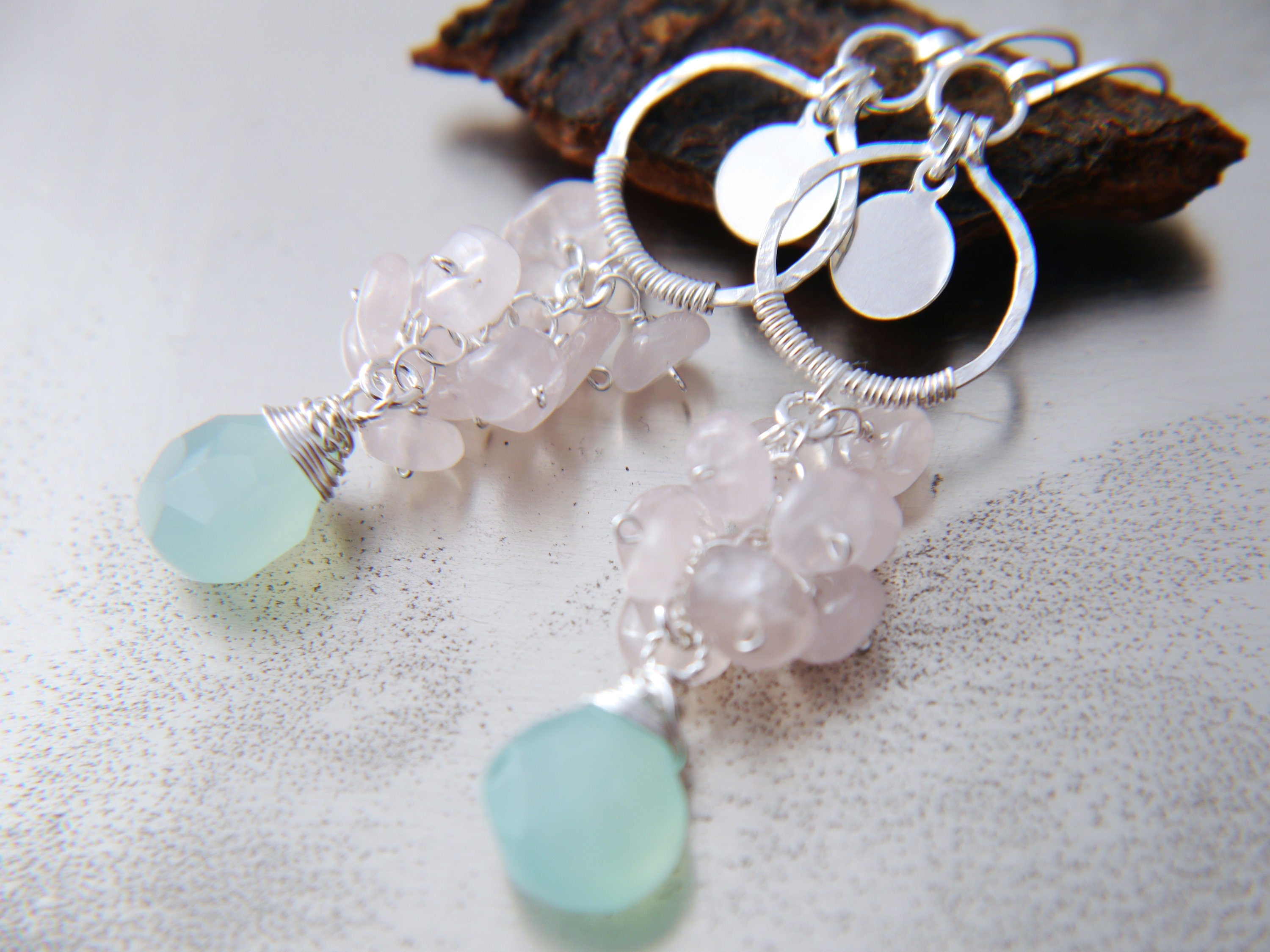 Aqua Chalcedony Rose Quartz Floral Cluster Long Dangle Gemstone Earrings, Sterling Silver