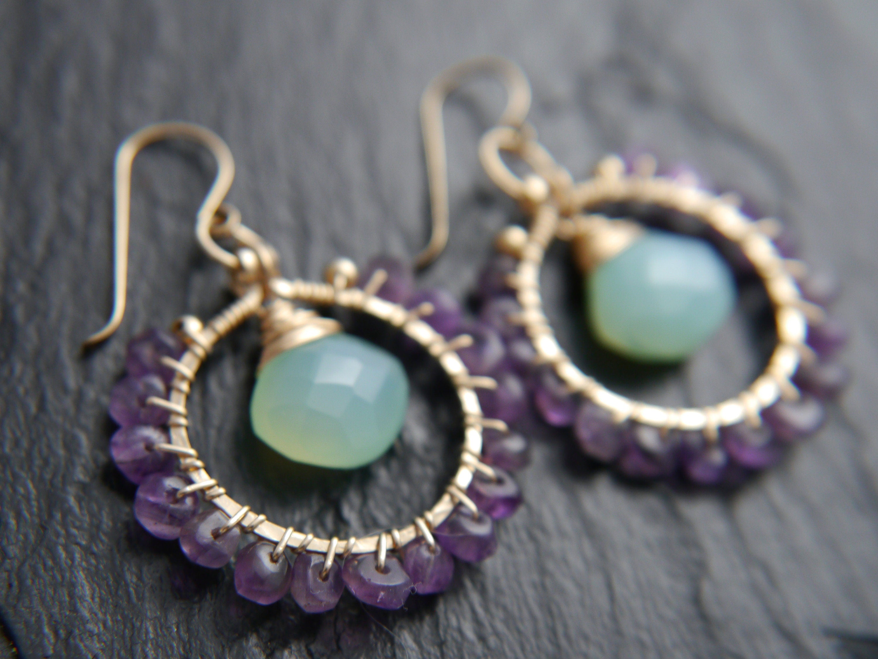 Amethyst Aqua Chalcedony Hoop Earrings, 14K Gold Filled Gemstone Hoops, Boho Jewelry