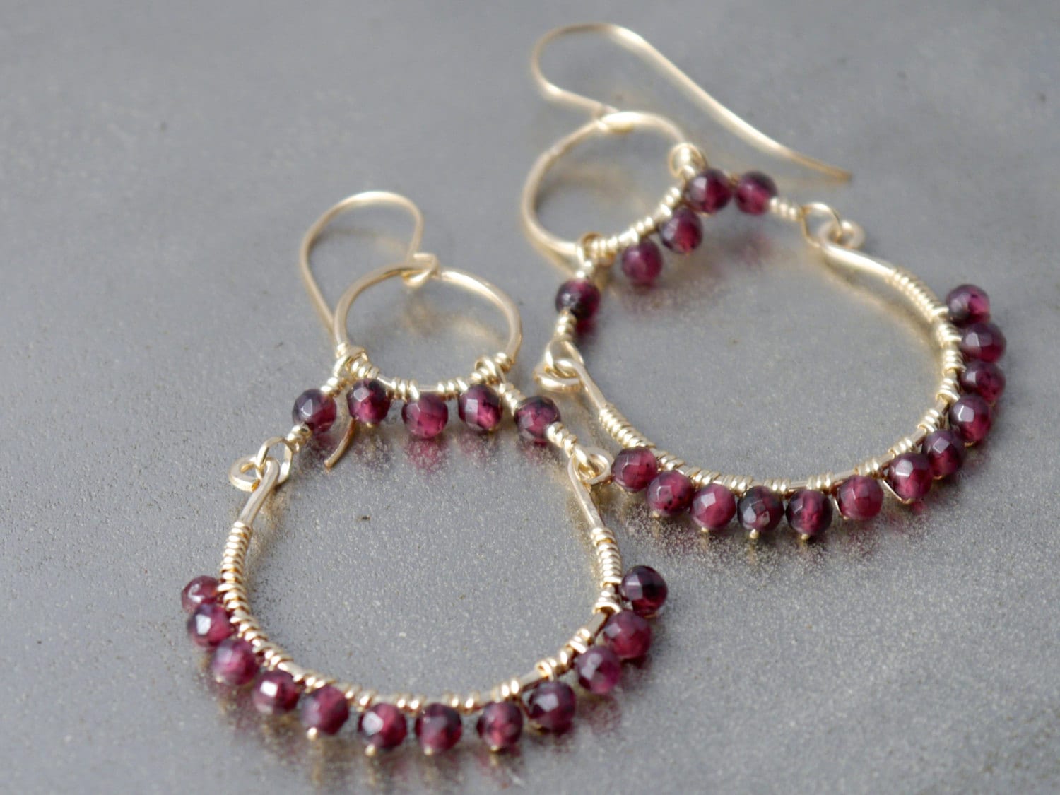 Red Garnet Petal Chandelier Hoop Gemstone Earrings, 14K Gold Filled