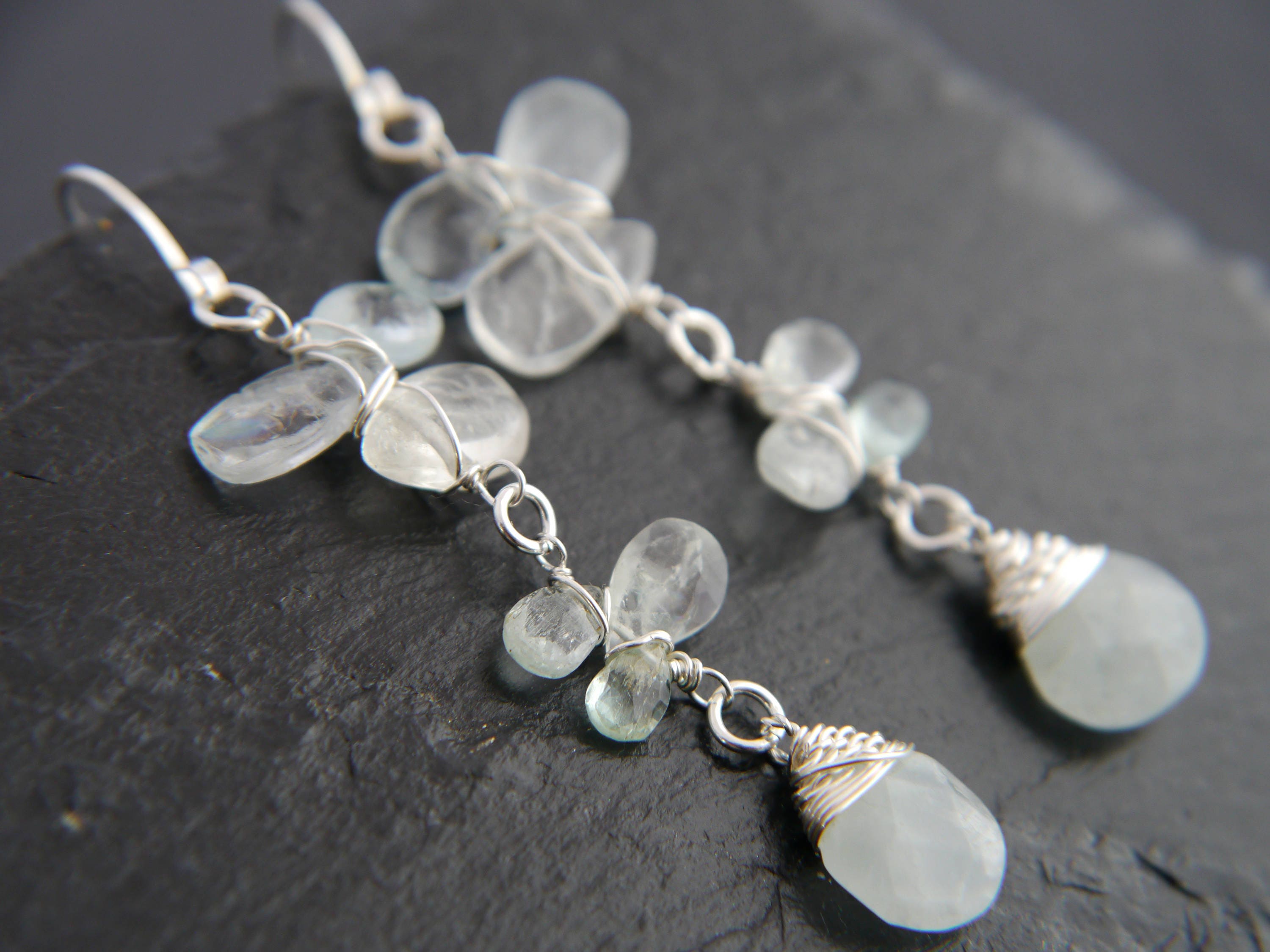 Aquamarine Long Dangle Floral Gemstone Earrings, Sterling Silver Wedding Jewelry