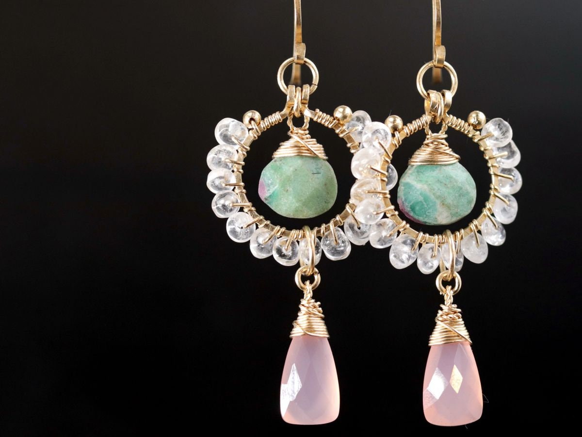 Pink Chalcedony Trillion Ruby in Fuchsite Floral Gemstone Earrings, 14K Gold Filled Unique Boho
