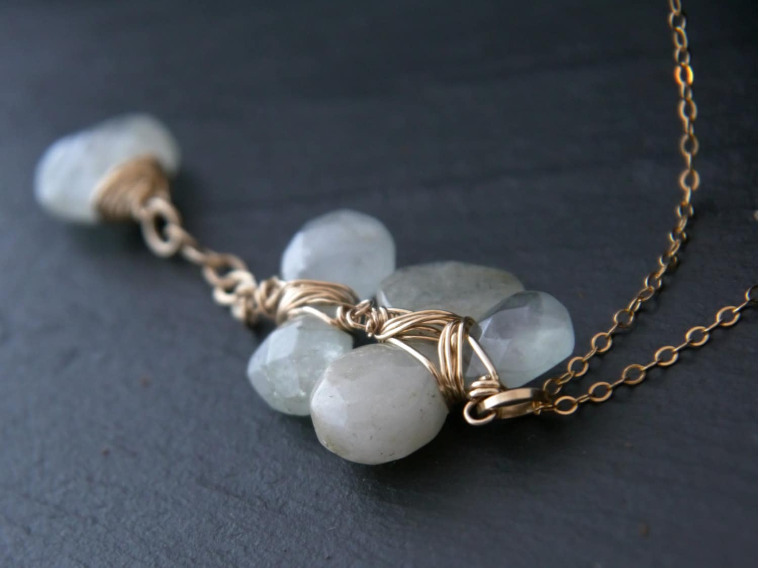 Aquamarine Lariat Y Pendant Gemstone Necklace, 14K Gold Filled Bohemian Bride