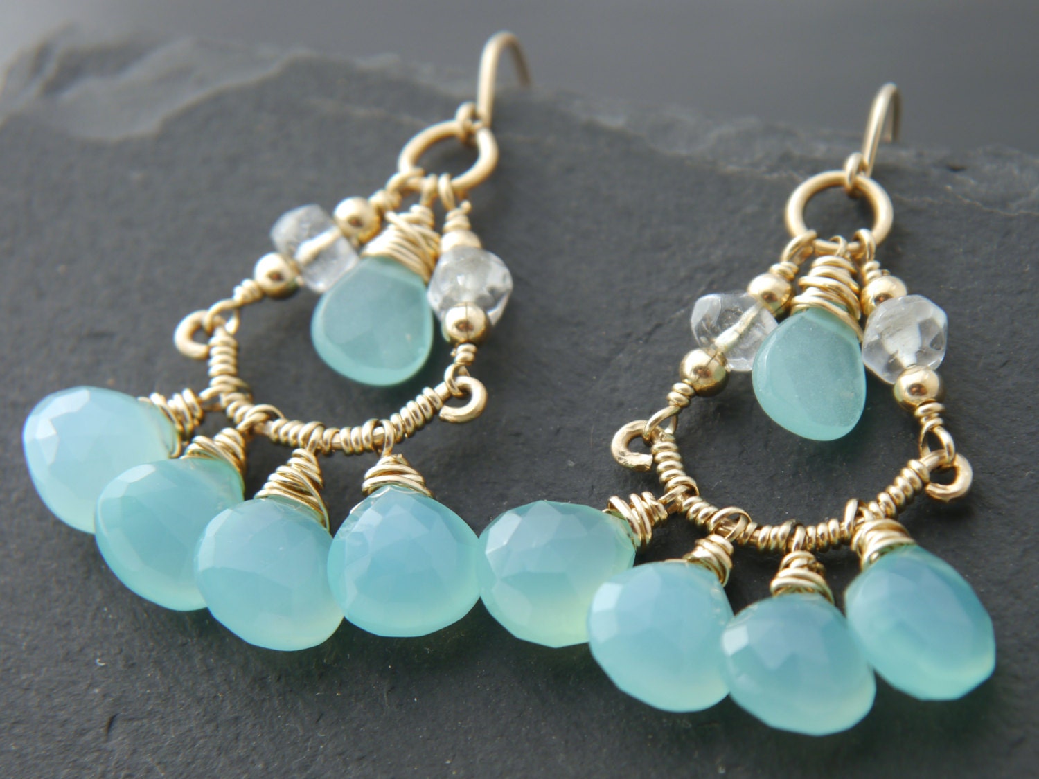 Aqua Chalcedony Heart Chandelier Gemstone Earrings, 14K Gold Filled Something Blue