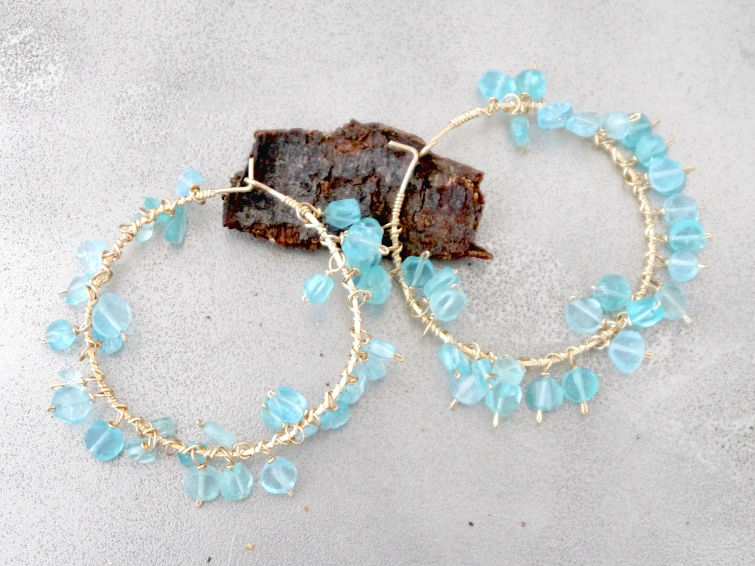 Apatite Fringe Hoop Earrings, 14K Gold Filled Garland Dangle, Boho Statement Jewelry