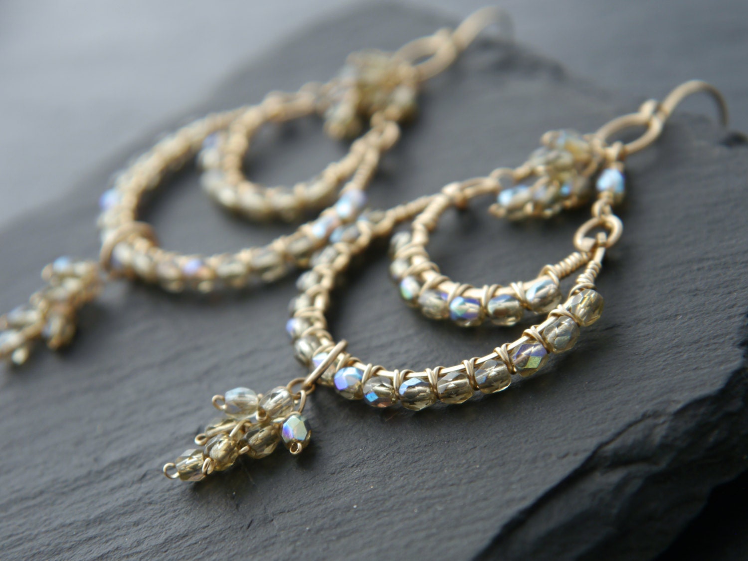 Champagne Crystal Chandelier Gemstone Earrings, 14K Gold Filled Bohemian Style