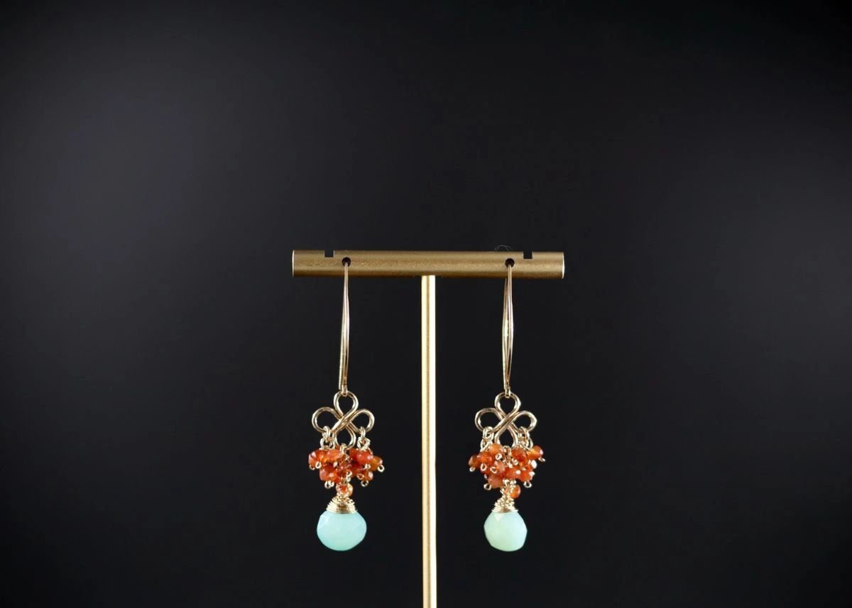 Aqua Chalcedony Carnelian Cluster Earrings, 14K Gold Filled Briolette Dangle, Artisan Jewelry