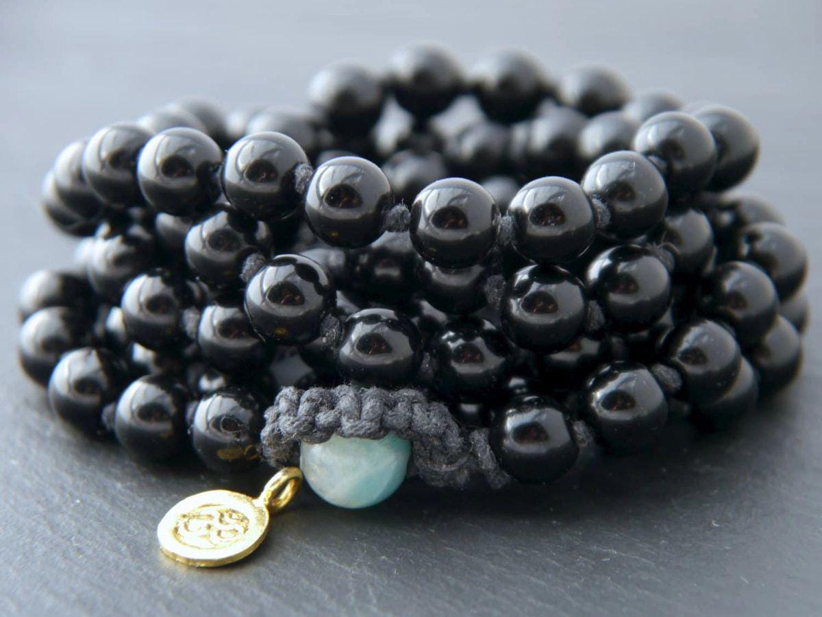 Black Obsidian M108 Mala Bead , Wrap, Hand Knotted Tibetan Prayer Beads
