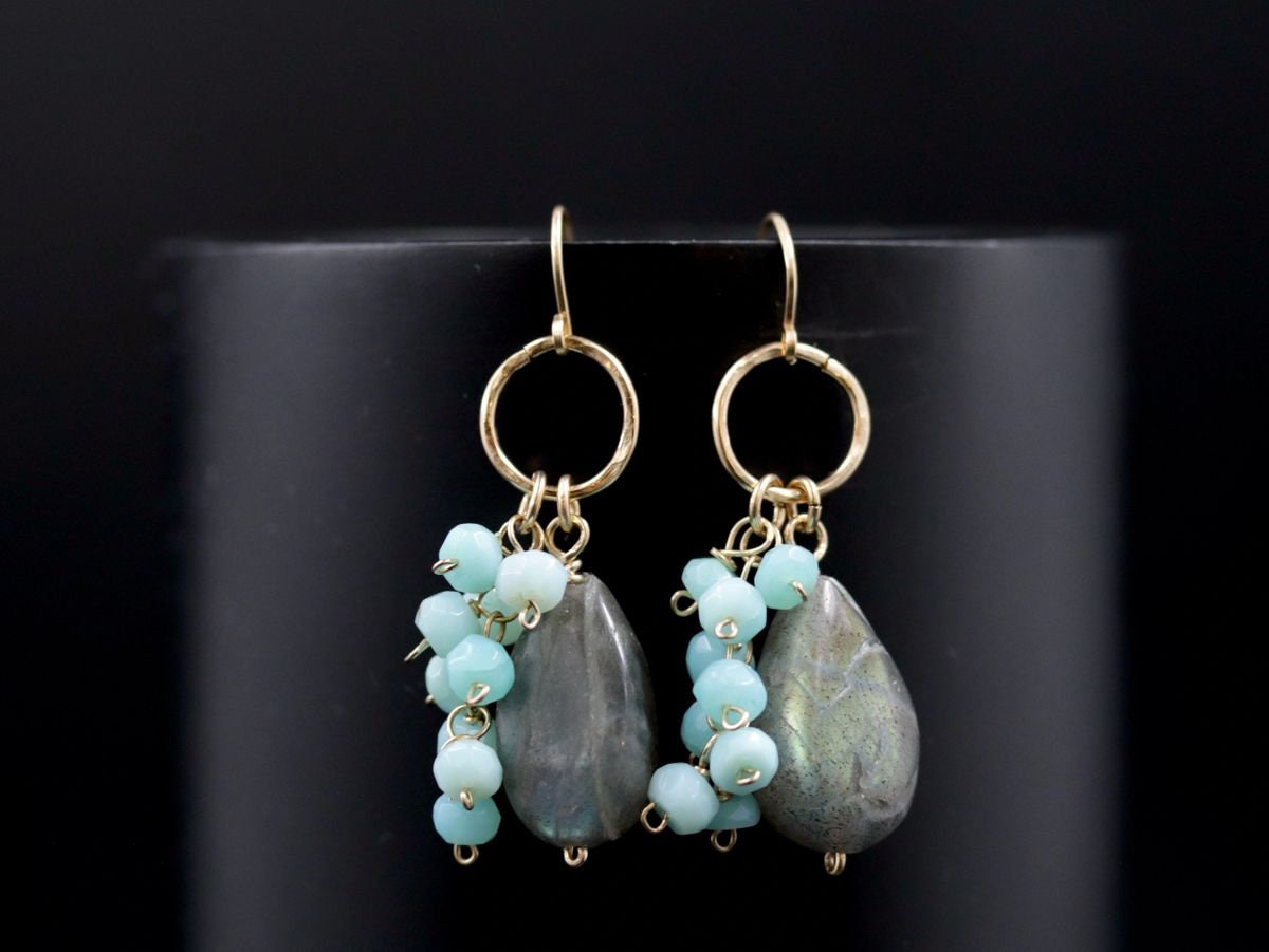 Labradorite Blue Opal Dangle Gemstone Earrings, 14K Gold Filled Celestial Style