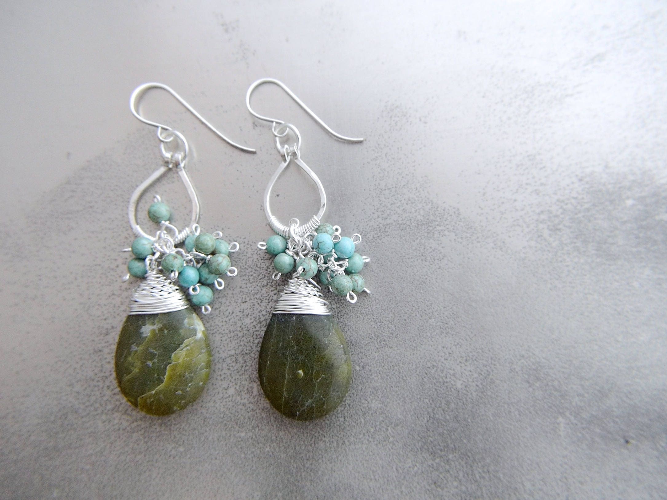 Green Vesuvianite Turquoise Magnesite Cluster Gemstone Earrings, Sterling Silver