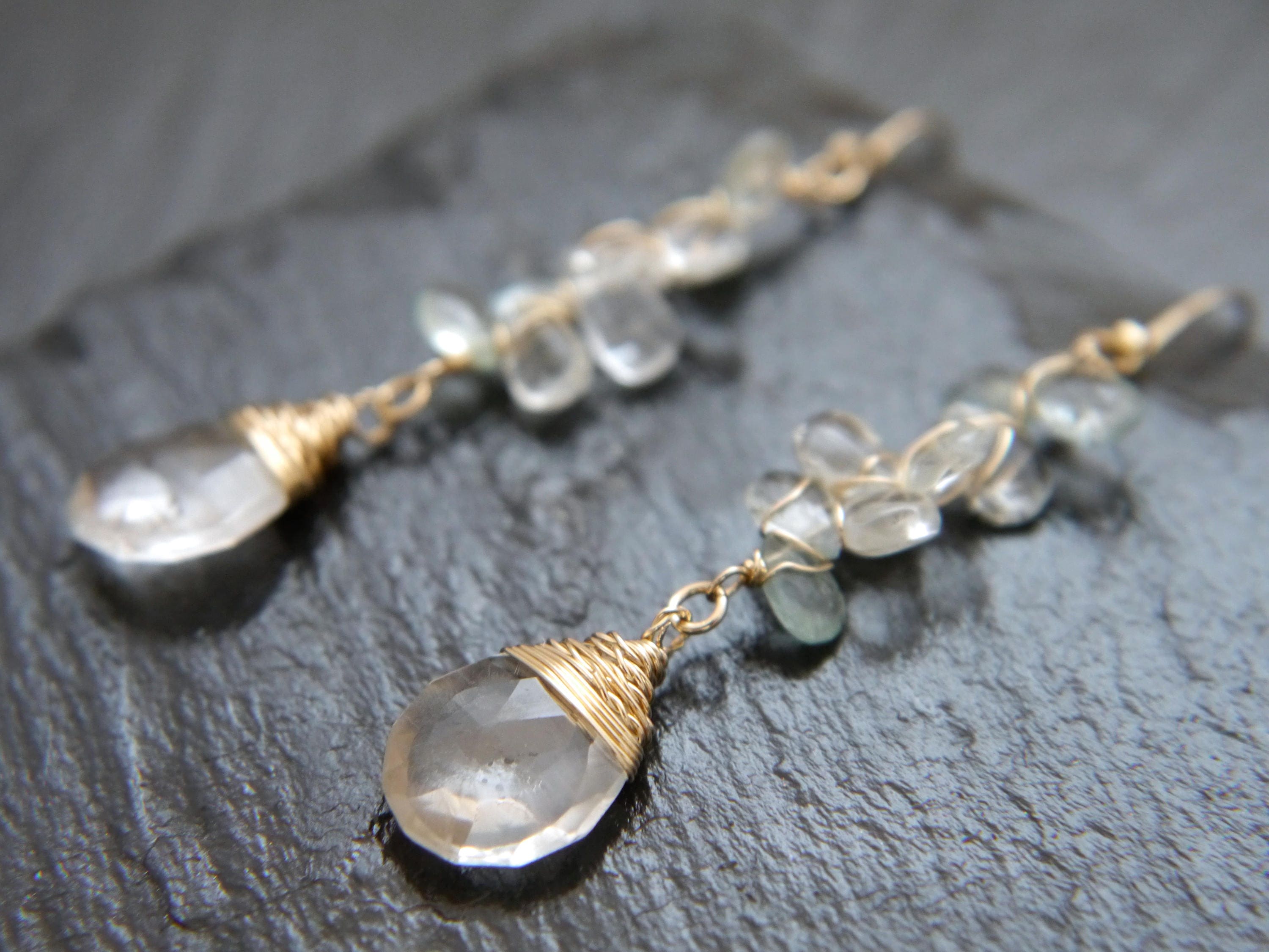 Aquamarine Teardrop Long Dangle Floral Gemstone Earrings, 14K Gold Filled  Botanical