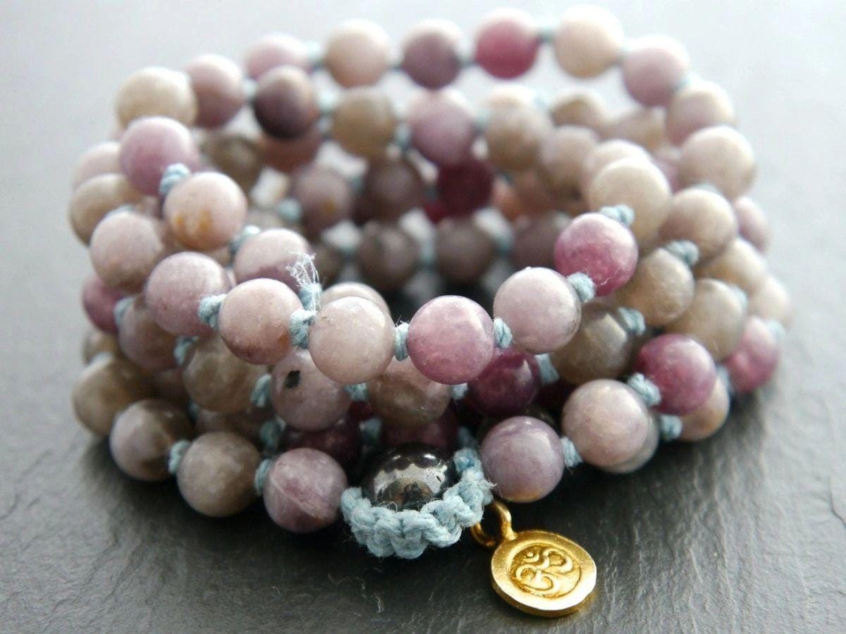 Lilac Purple Stone Mala Beads, 108 Gemstone Beads, Wrap, Hand Knotted