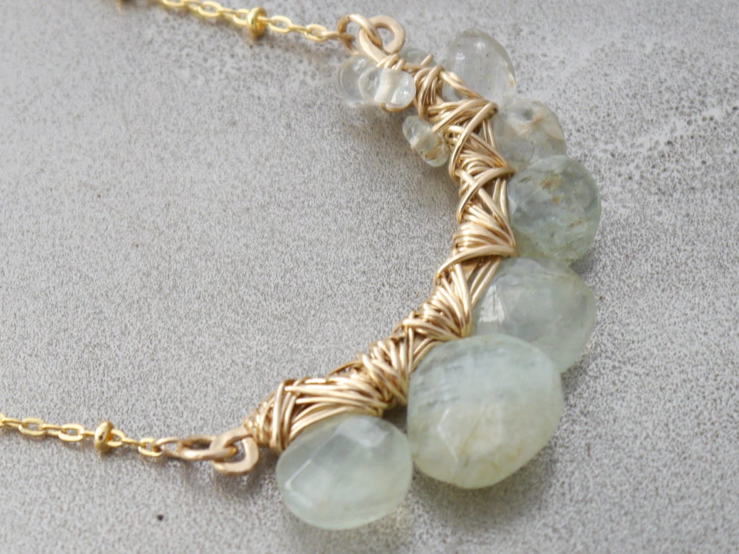 Aquamarine Teardrop Cluster Pendant Gemstone Necklace, 14K Gold Filled Bohemian Bride