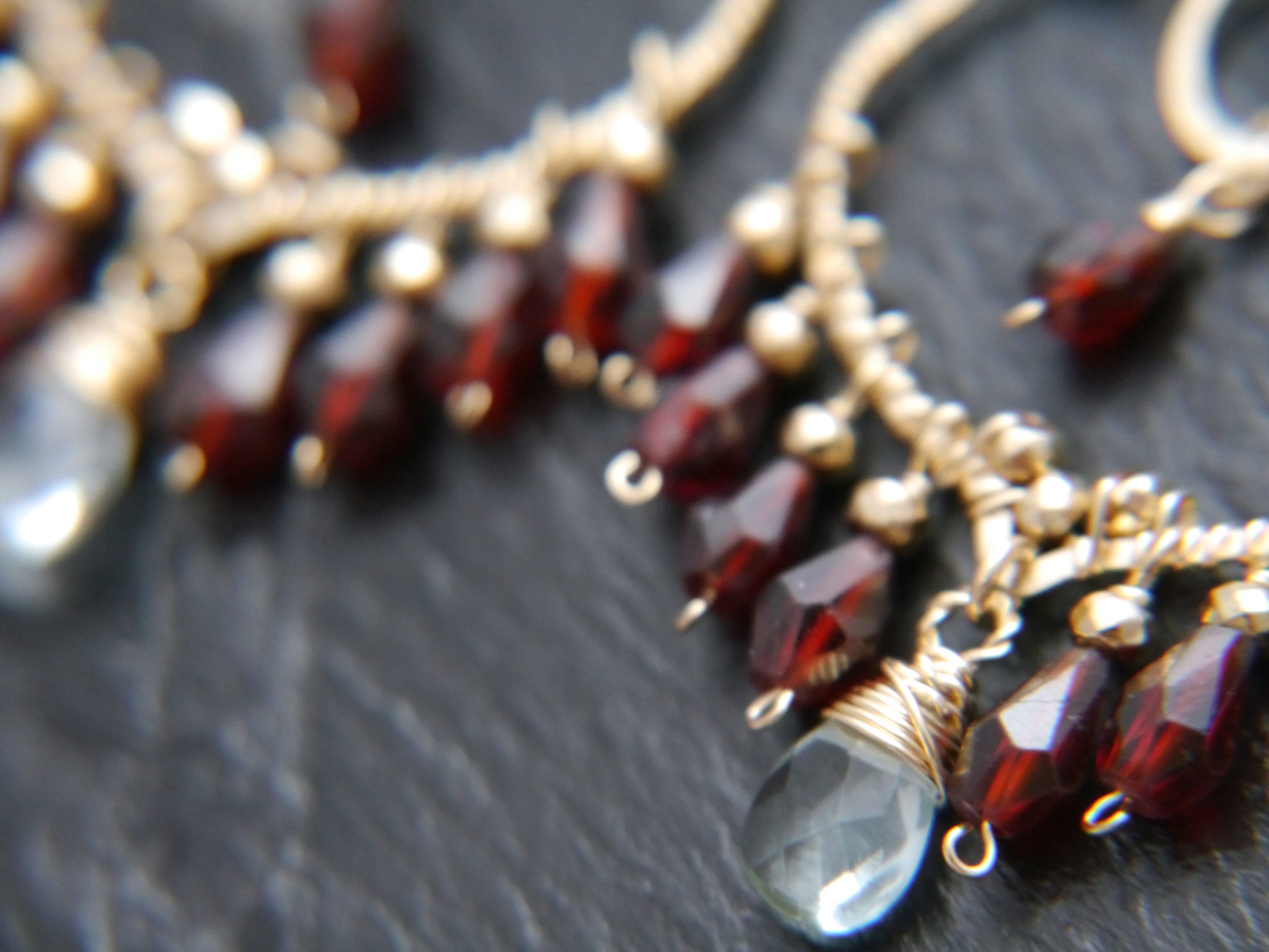 Garnet Aquamarine Boho Chandelier Earrings, 14K Gold Filled Fringe Dangle, Statement Jewelry