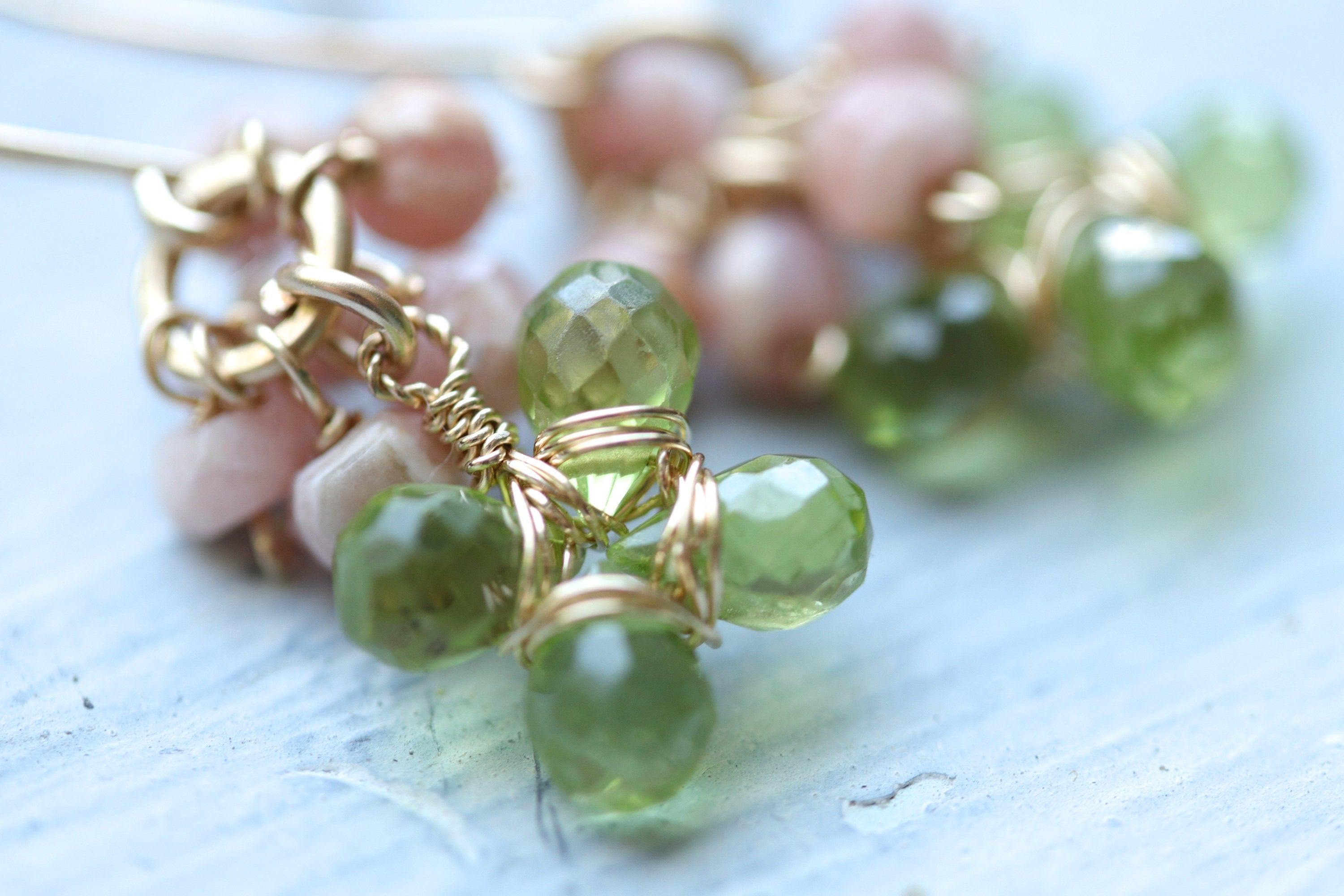 Peridot Rhodonite Floral Cluster Hoop Gemstone Earrings, 14K Gold Filled Botanicals