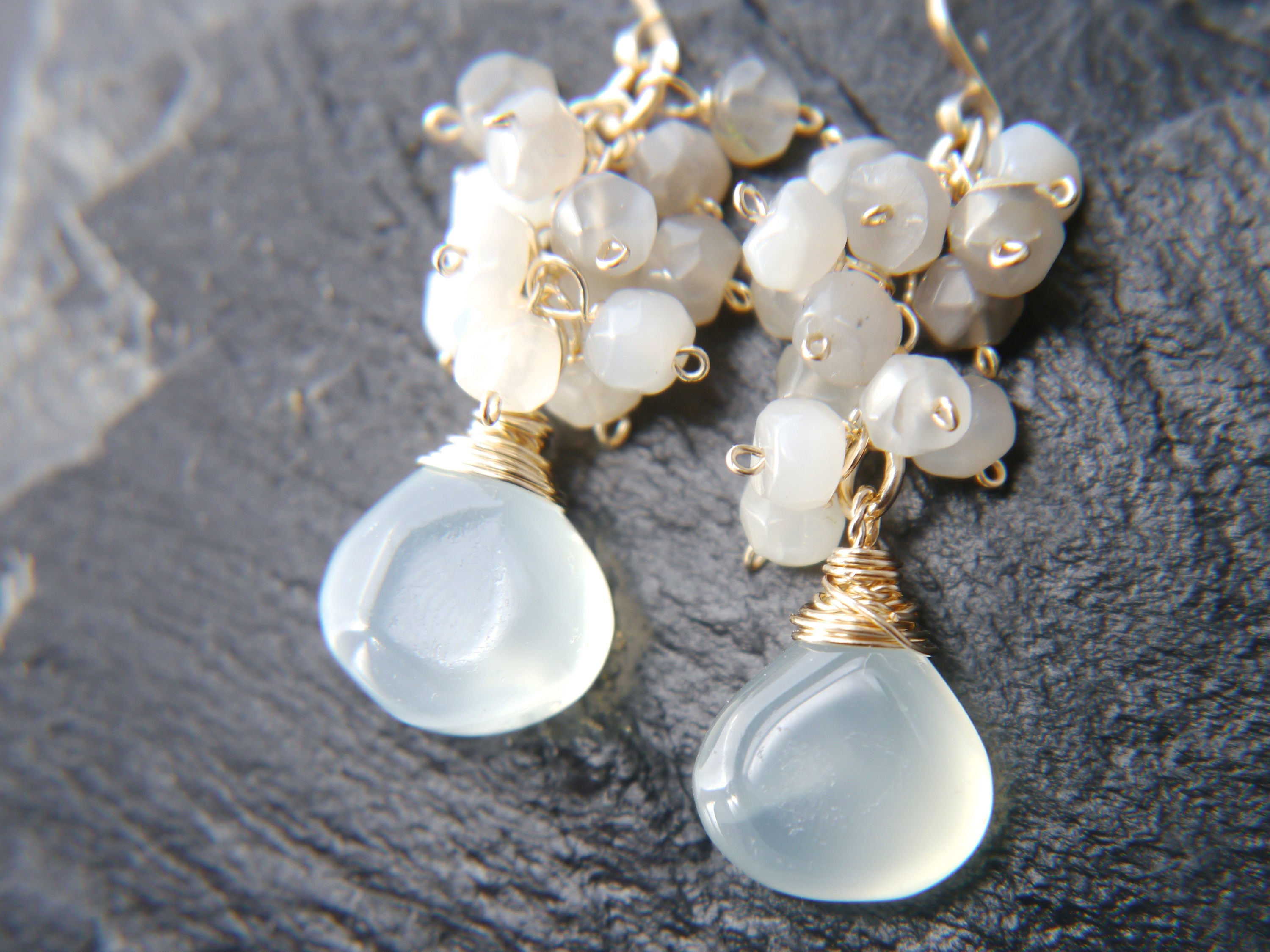 Aqua Chalcedony Briolette Moonstone Cluster Gemstone Earrings, 14K Gold Filled