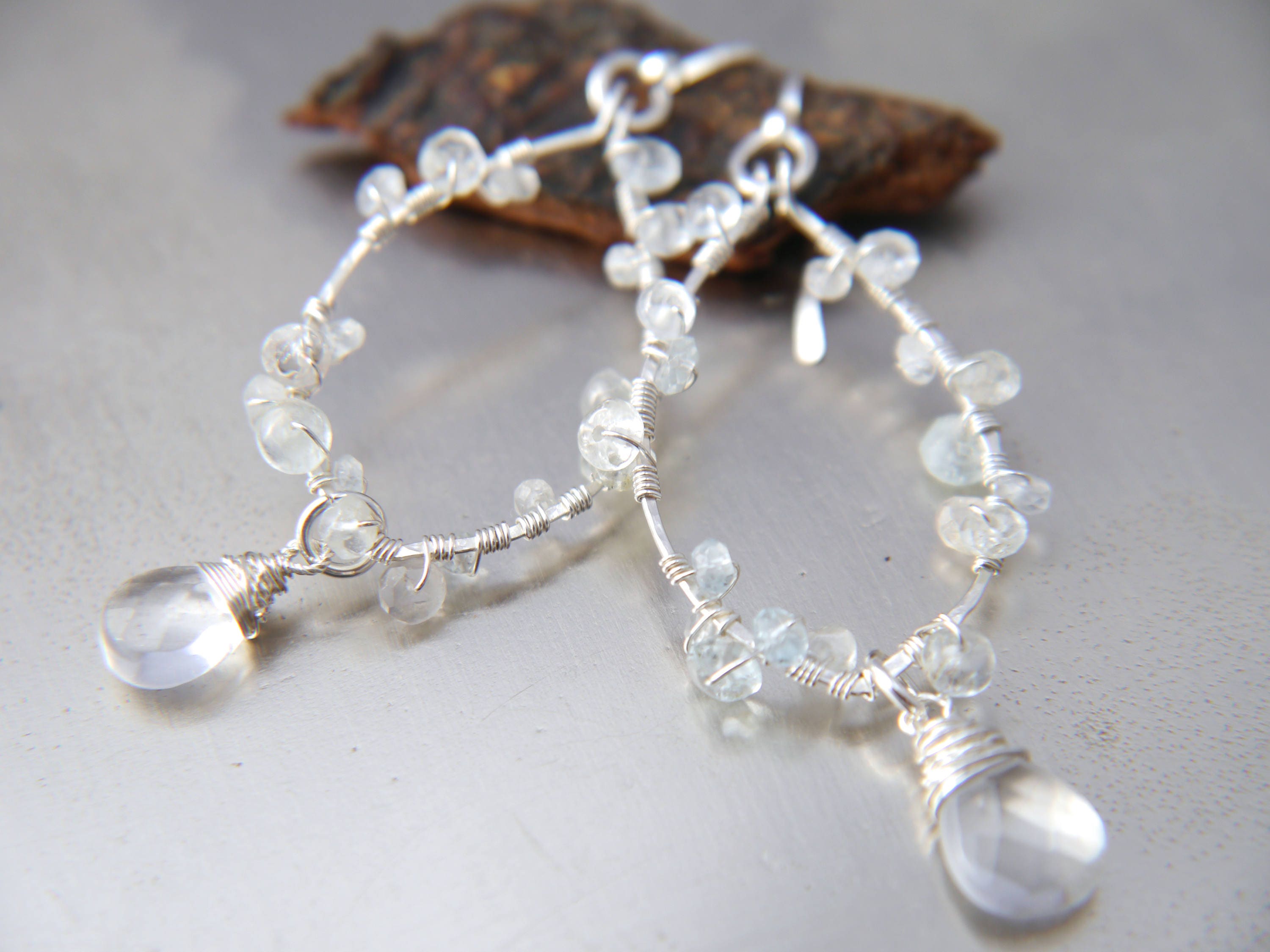 Aquamarine Quartz Floral Chandelier Dangle Gemstone Earrings, Sterling Silver, Bridal