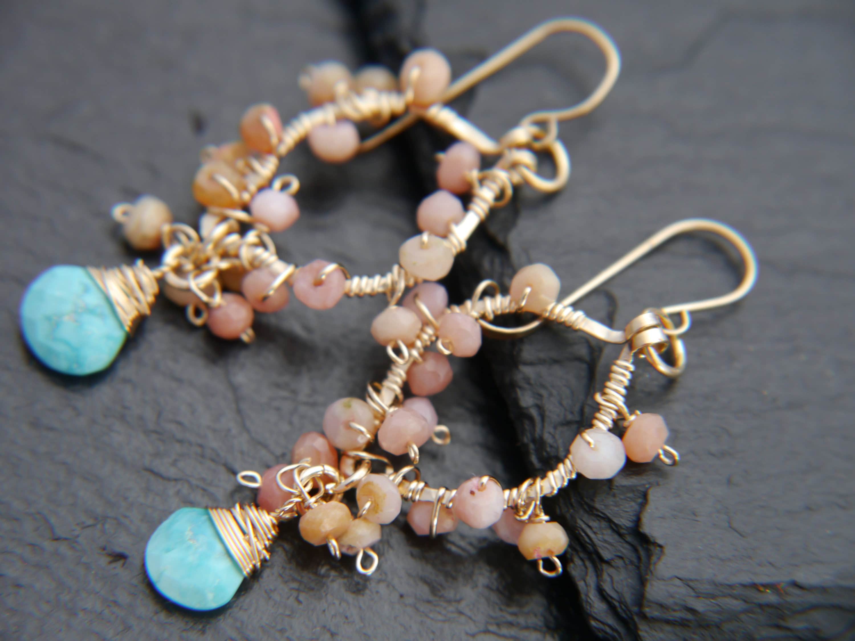 Turquoise Pink Opal Floral Gemstone Earrings, 14K Gold Filled Garden Wedding