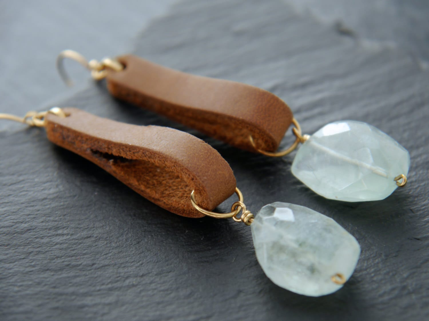 Boho Leather and Aquamarine Dangle Gemstone Earrings, 14K Gold Filled Coastal Wedding