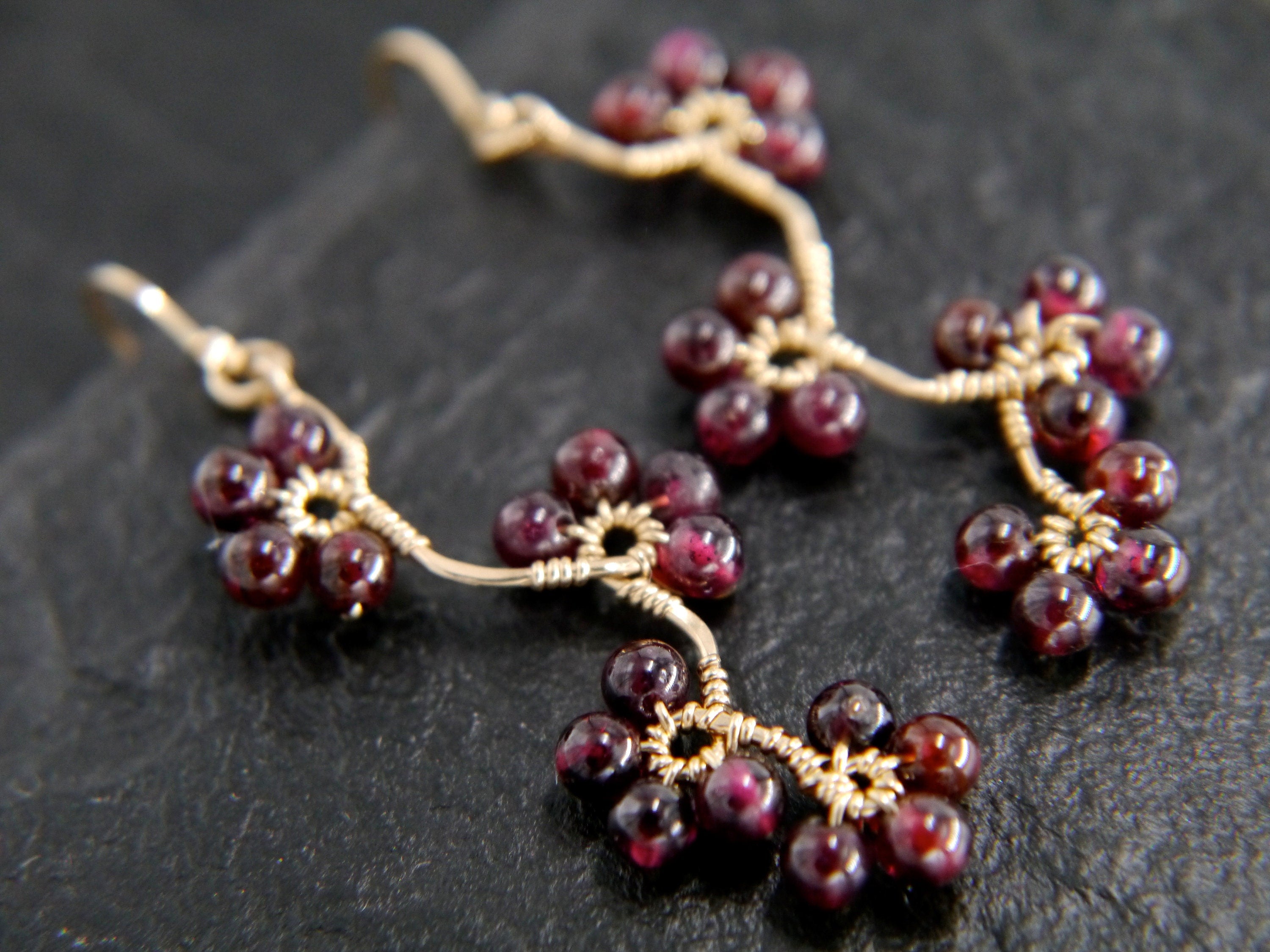 Garnet Floral Dangle Gemstone Earrings, 14K Gold Filled Artisan Heirloom
