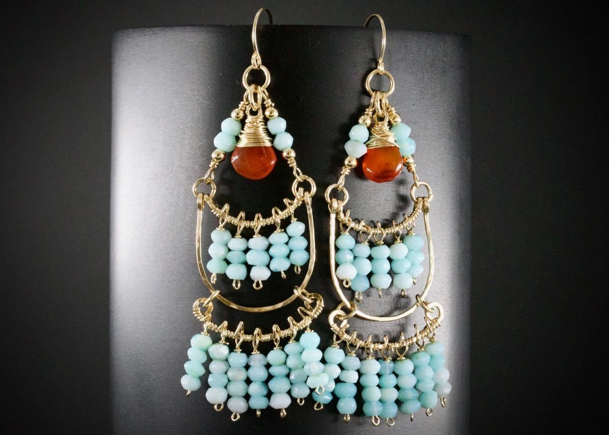 Carnelian Amazonite Chandelier Fringe Gemstone Earrings, 14K Gold Filled Unique Boho