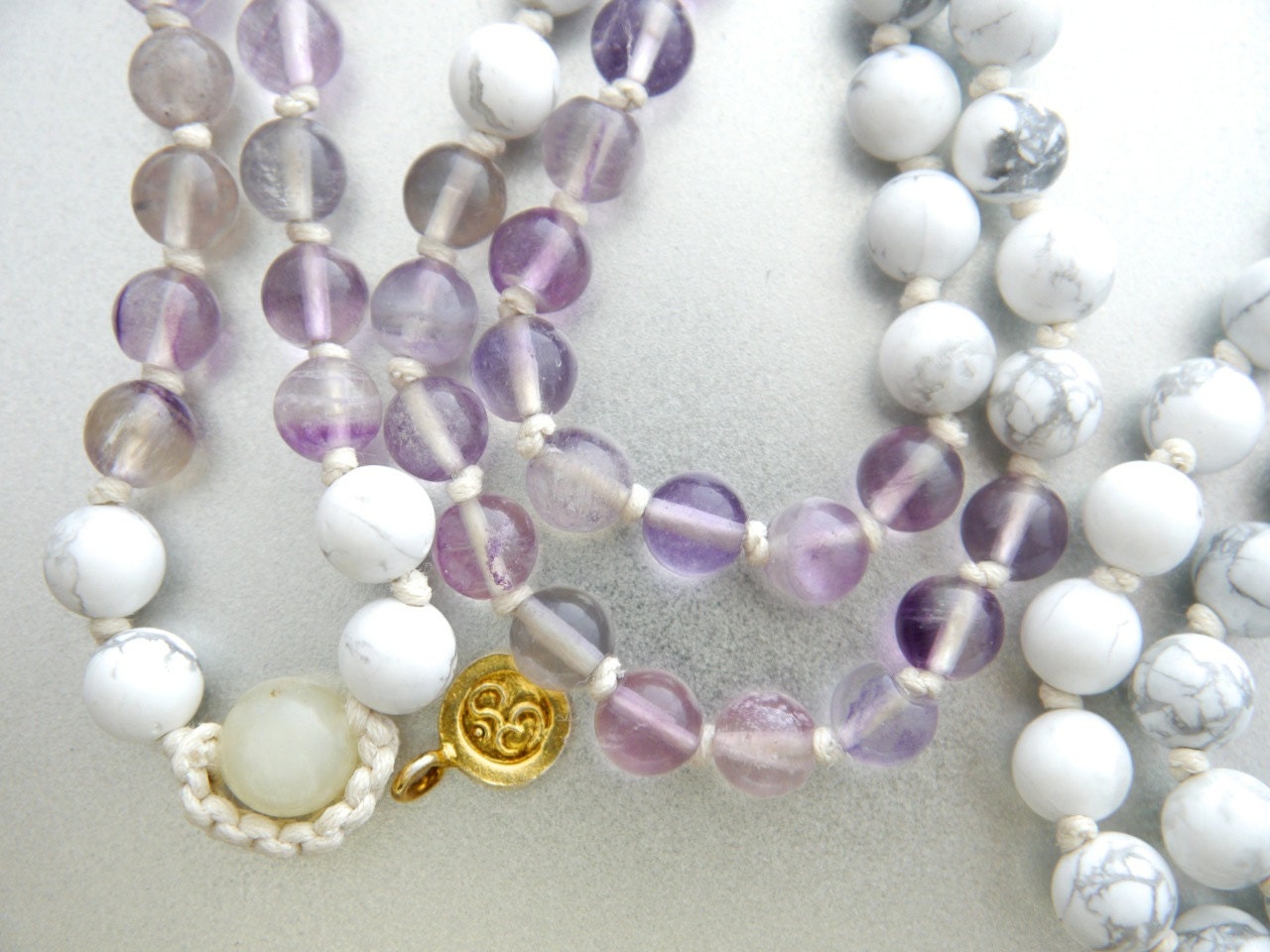White Howlite Fluorite Mala Beads, 108 Gemstone Beads, Wrap, Hand Knotted