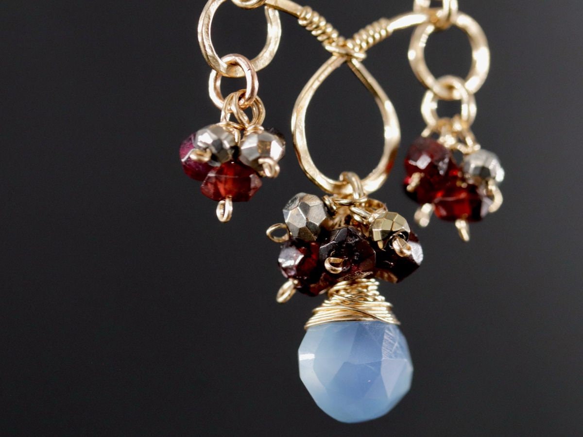 Garnet Blue Chalcedony Heart Chandelier, Gemstone Earrings, 14K Gold Filled Bohemain Jewelry