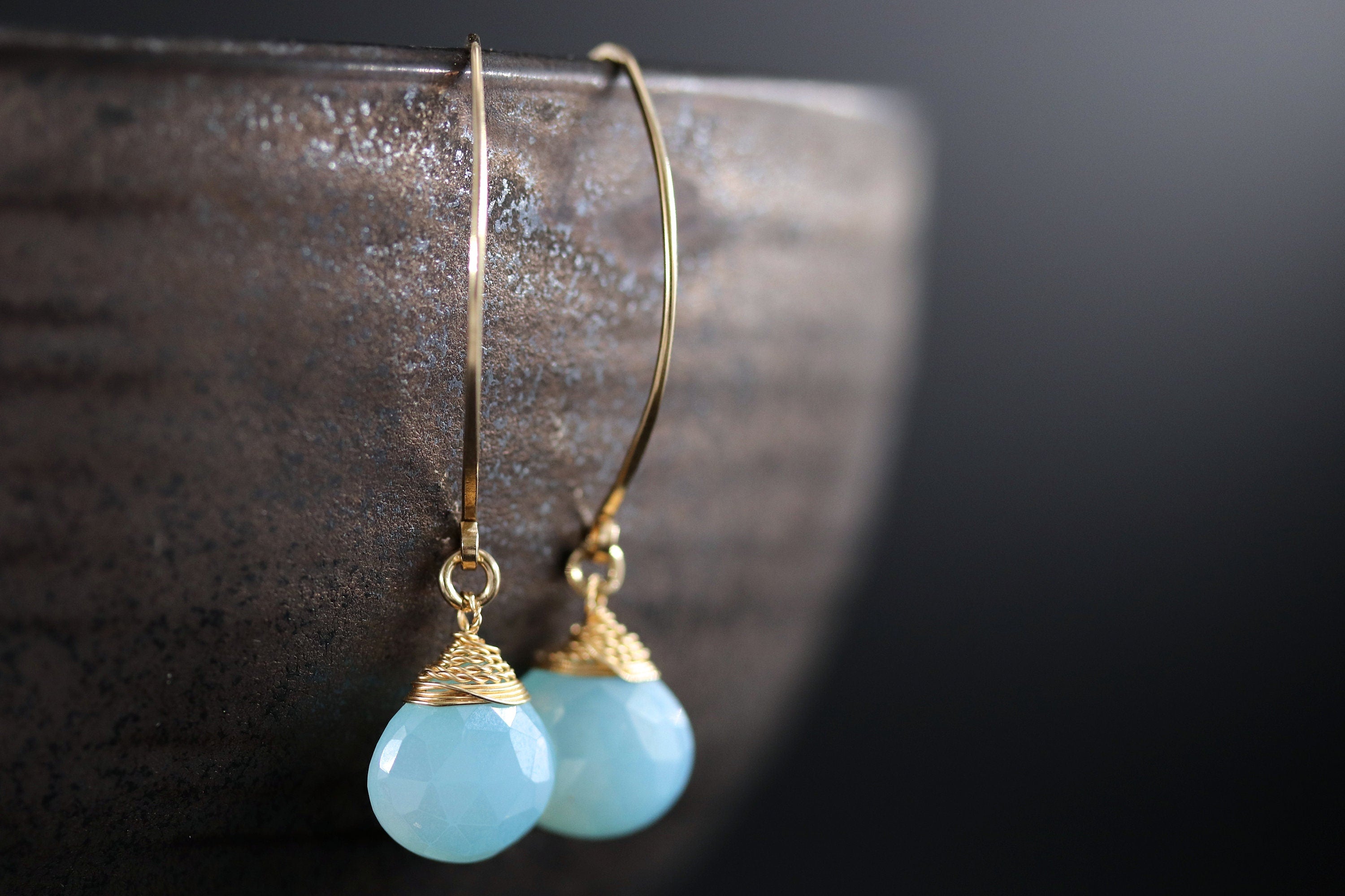 Aqua Chalcedony Heart Briolette Gemstone Earrings, 14K Gold Filled Romantic Gift
