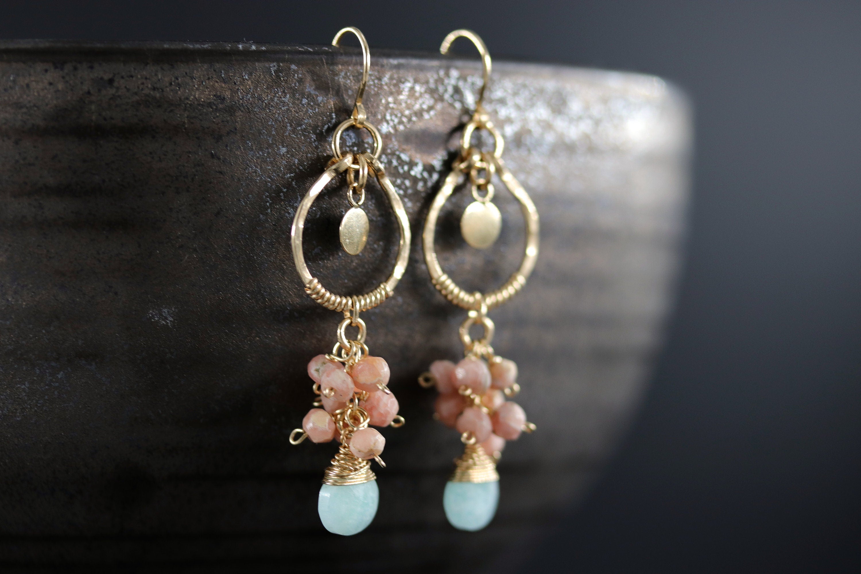 Amazonite Rhodonite Cluster Earrings, 14K Gold Filled Floral Dangle, Romantic Statement