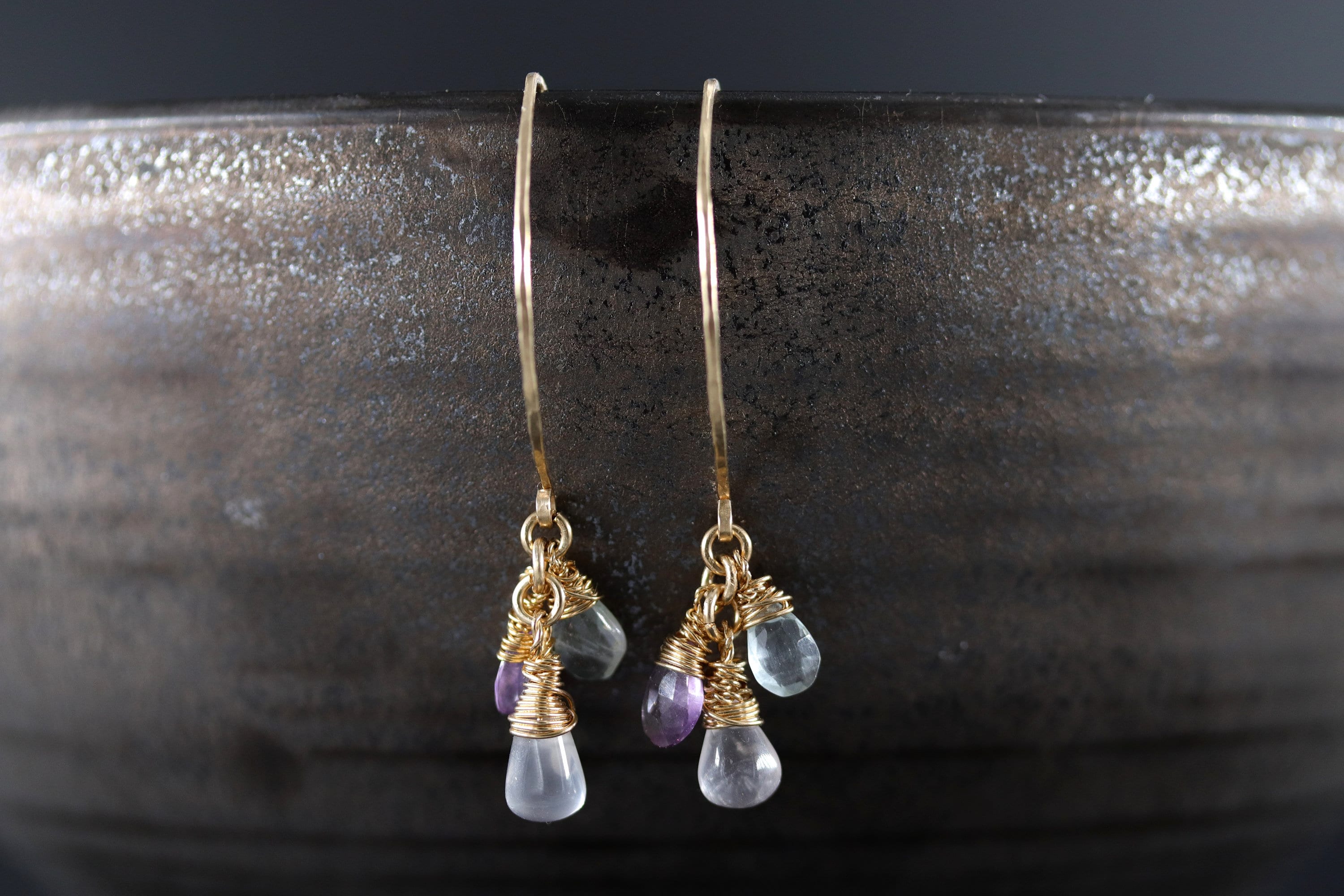 Amethyst Aquamarine Trio Earrings, 14K Gold Filled Minimal Drop, Delicate Jewelry