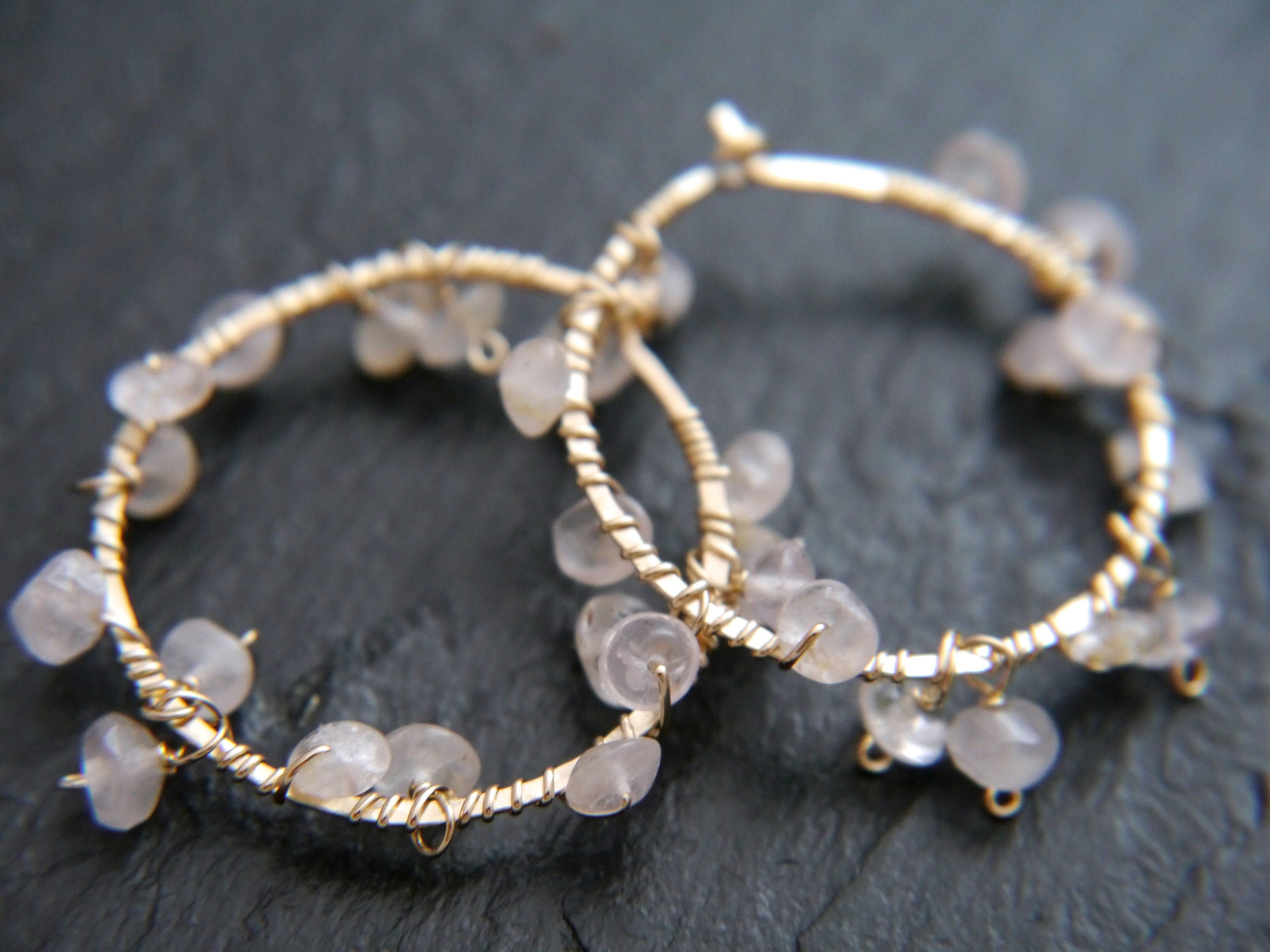 Rose Quartz Hoop Gemstone Earrings, 14K Gold Filled Boho Style Jewelry