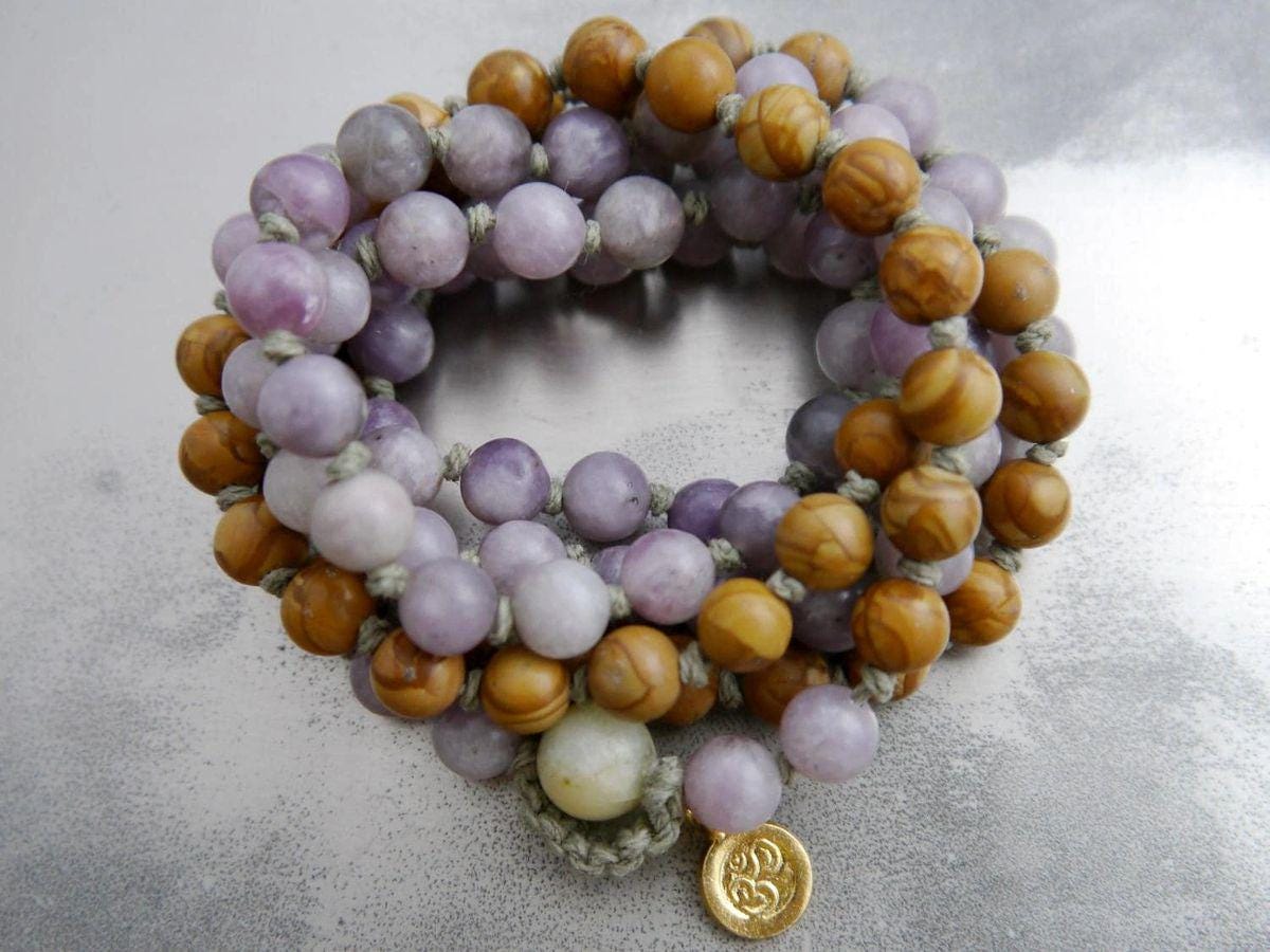 Lilac Tigerskin Jasper Mala Beads, 108 Gemstone Beads, Wrap, Hand Knotted
