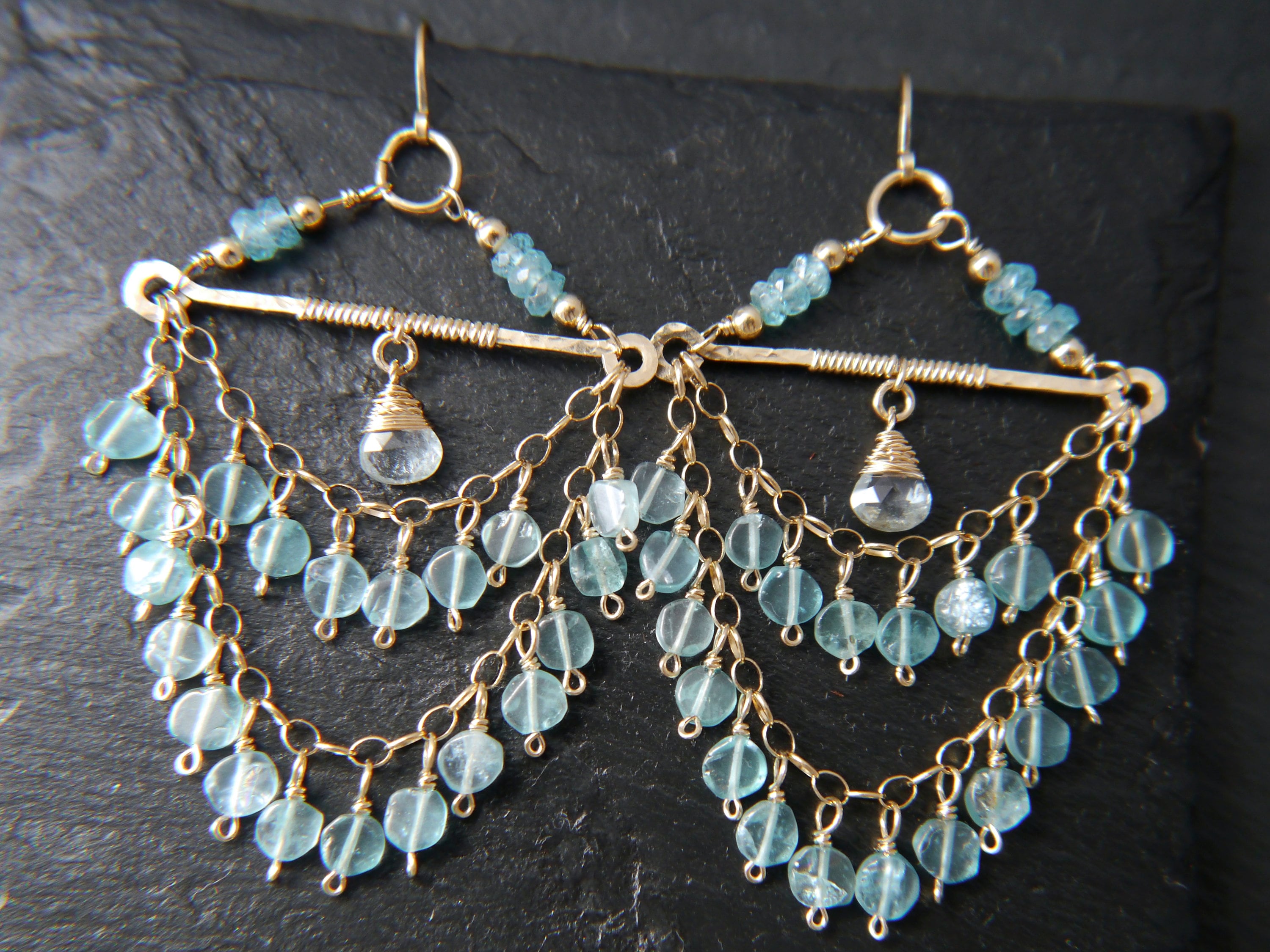 Aquamarine Fringe Chandelier Earrings, 14K Gold Filled Tiered Waterfall Dangle, Coastal Bridal Statement Jewelry