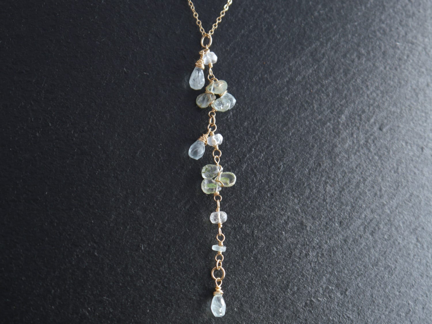 Wire Wrapped Aquamarine Briolette Lariat Y Gemstone Necklace, 14K Gold Filled, Bridal