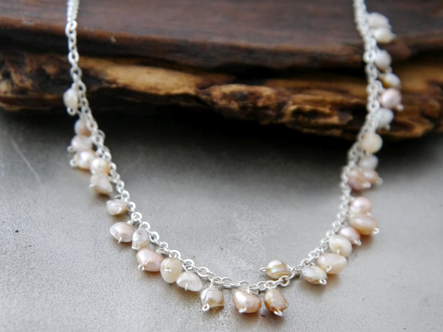 Freshwater Pink Pearl Floral Vine Gemstone Necklace, Sterling Silver, Wedding Jewelry