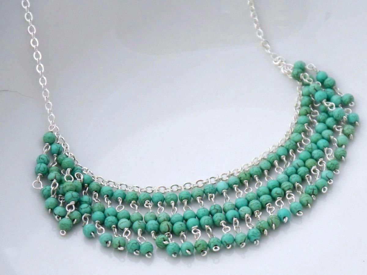 Turquoise Magnesite Fringe Bib Gemstone Necklace, Sterling Silver, Bohemian