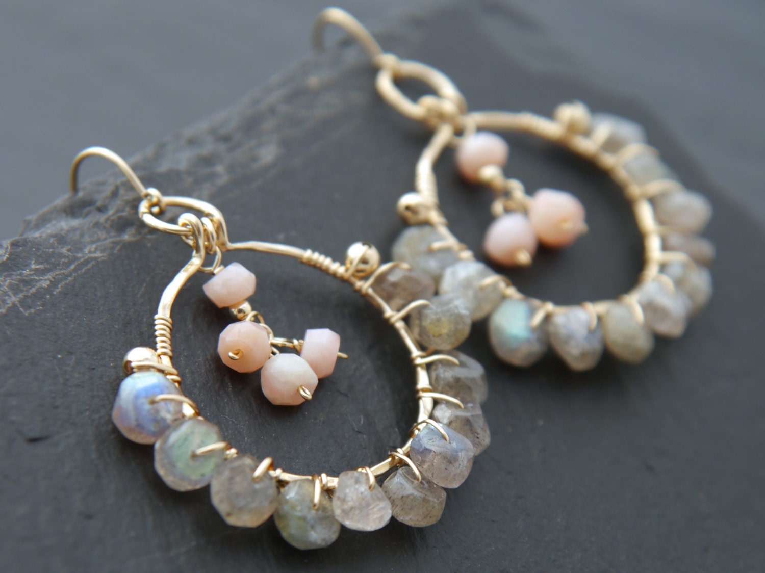 Labradorite Opal Floral Hoop Gemstone Earrings, 14K Gold Filled Bohemian Jewelry