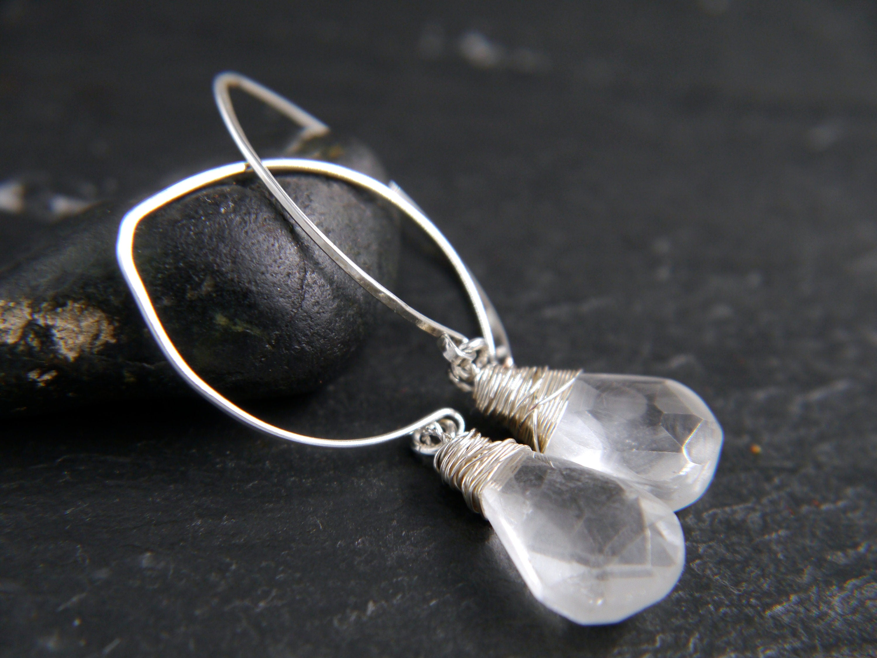 Clear Quartz Hoop Gemstone Earrings, Sterling Silver
