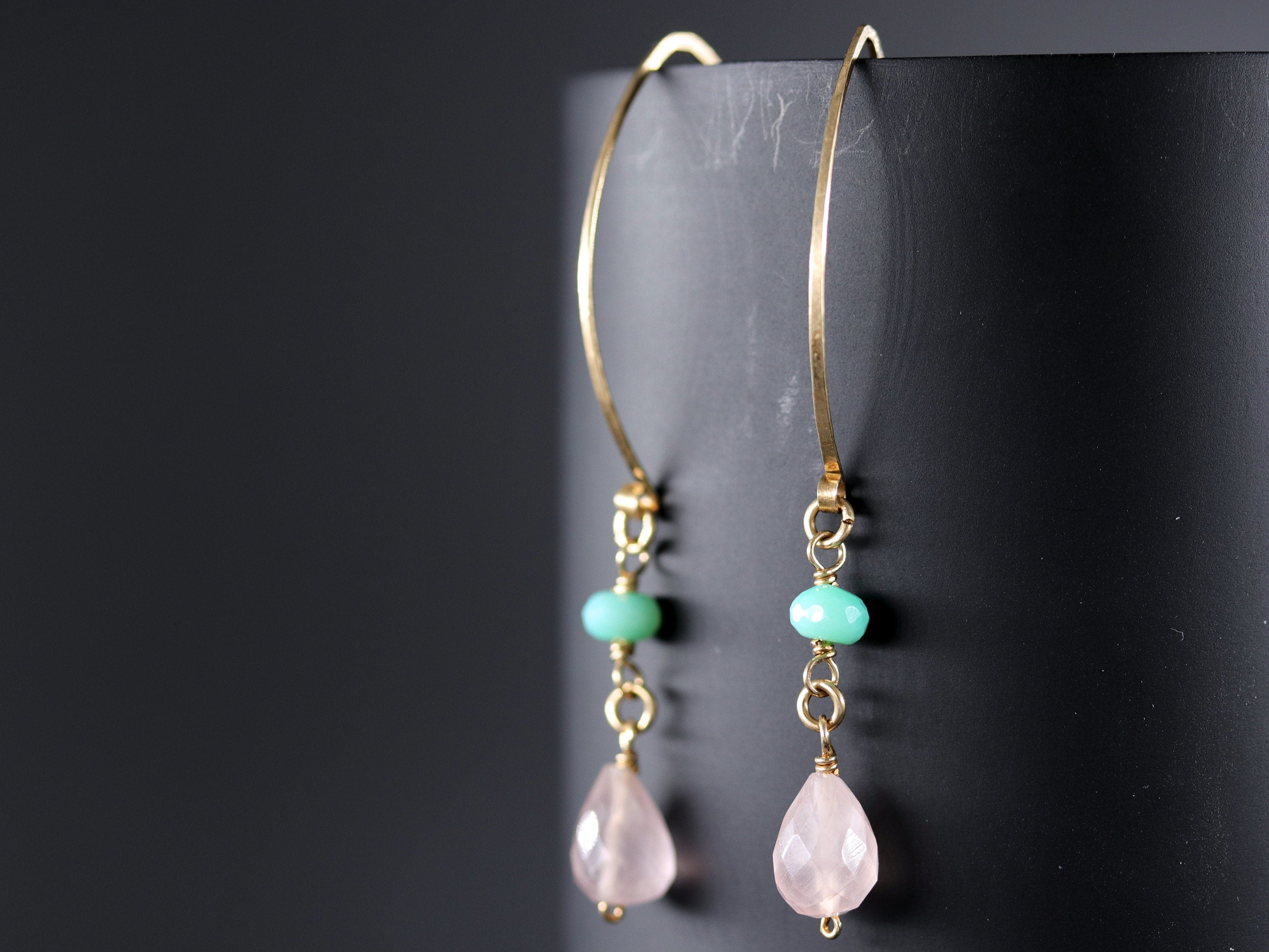 Rose Quartz Chrysoprase Hoop Gemstone Earrings, 14K Gold Filled Boho Wedding Jewelry