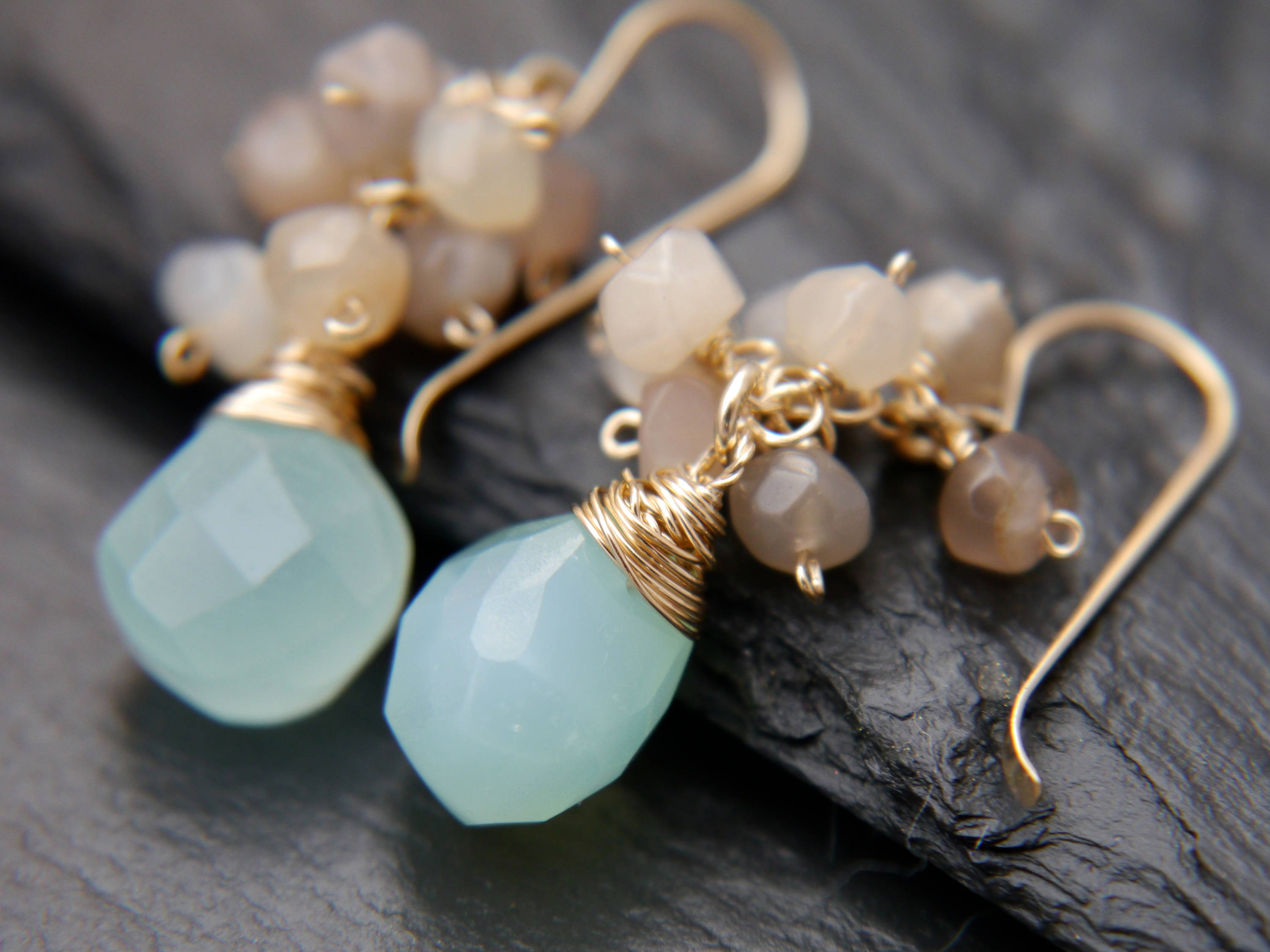 Moonstone Cluster Aqua Chalcedony Heart Gemstone Earrings, 14K Gold Filled Romantic