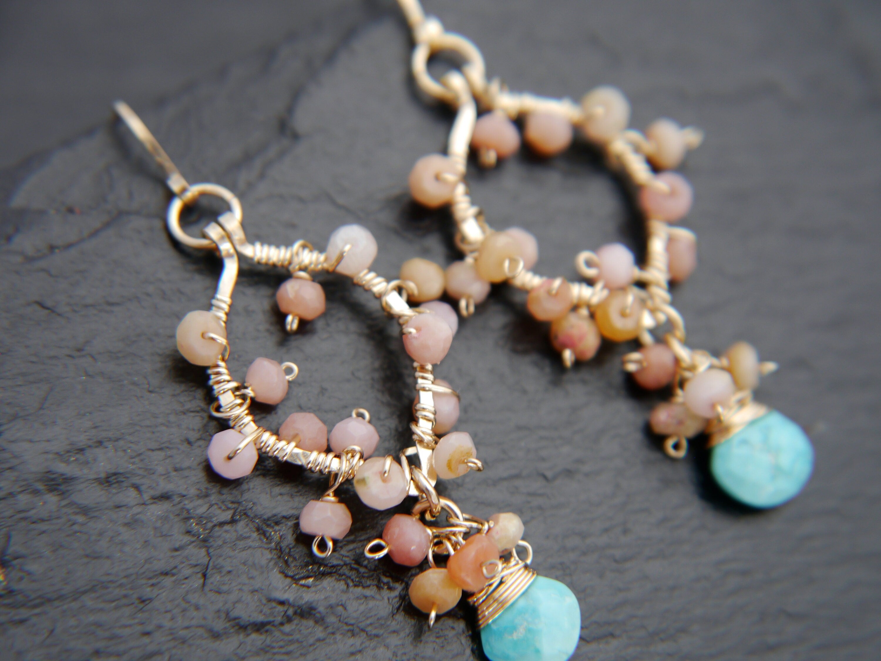 Turquoise Pink Opal Floral Gemstone Earrings, 14K Gold Filled Garden Wedding