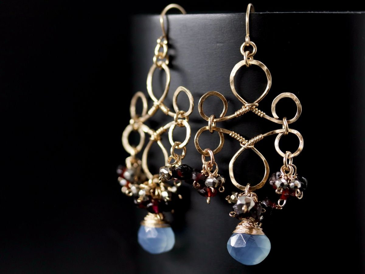 Garnet Blue Chalcedony Heart Chandelier, Gemstone Earrings, 14K Gold Filled Bohemain Jewelry