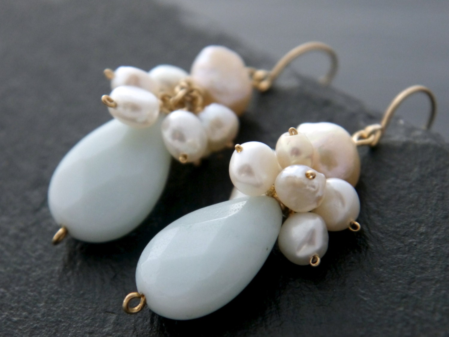 Amazonite Pearl Teardrop Earrings, 14K Gold Filled Dangle, Garden Wedding Jewelry