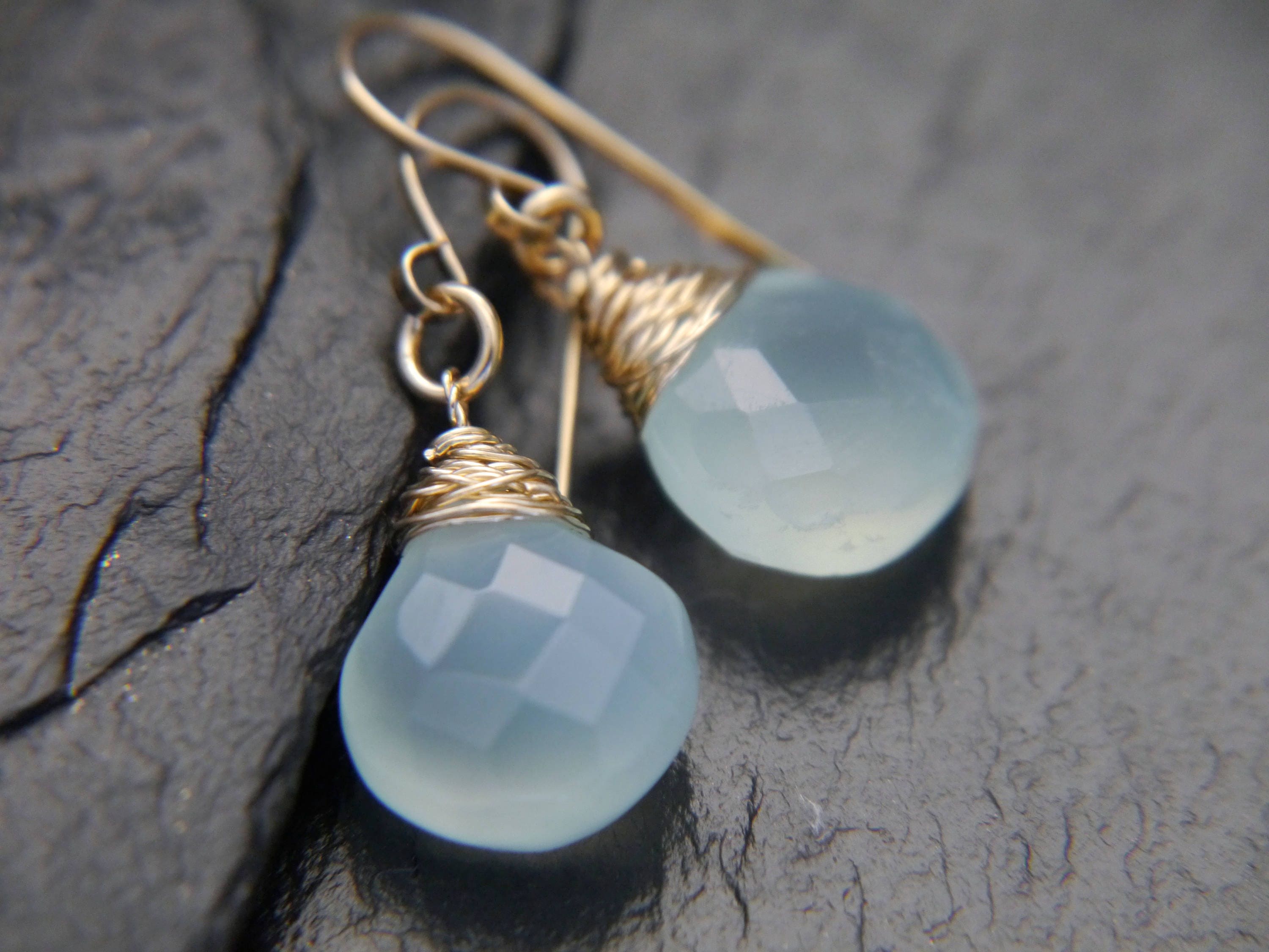 Blue Green Chalcedony Heart Briolette Teardrop Gemstone Earrings, 14K Gold Filled Bohemian Style