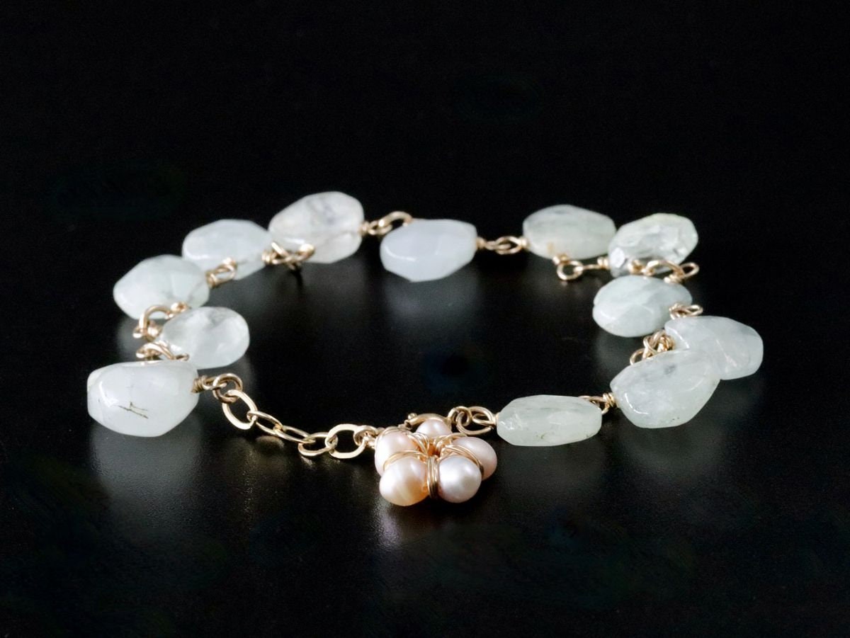 14K Gold Filled Aquamarine Pearl Floral Gemstone Bracelet, March Birthstone Bridal Jewelry