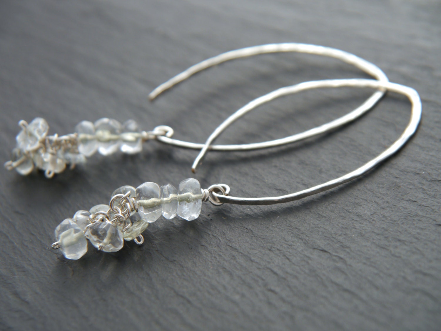 Quartz Long Dangle Hoop Wire Wrapped Gemstone Earrings, Sterling Silver Wedding Jewelry