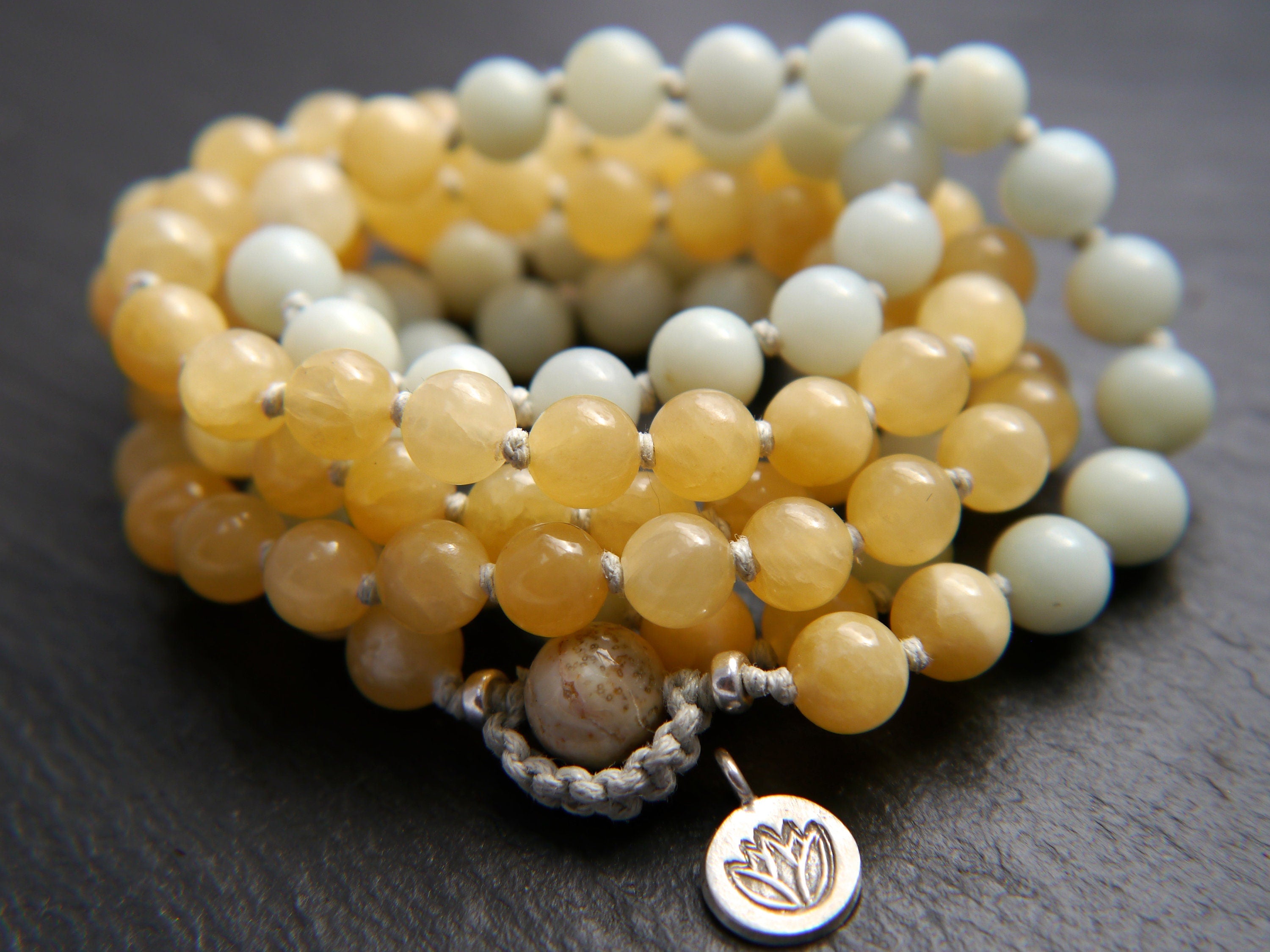 Blue Amazonite Yellow Quartz Mala Beads, 108 Gemstone Beads, Wrap, Hand Knotted