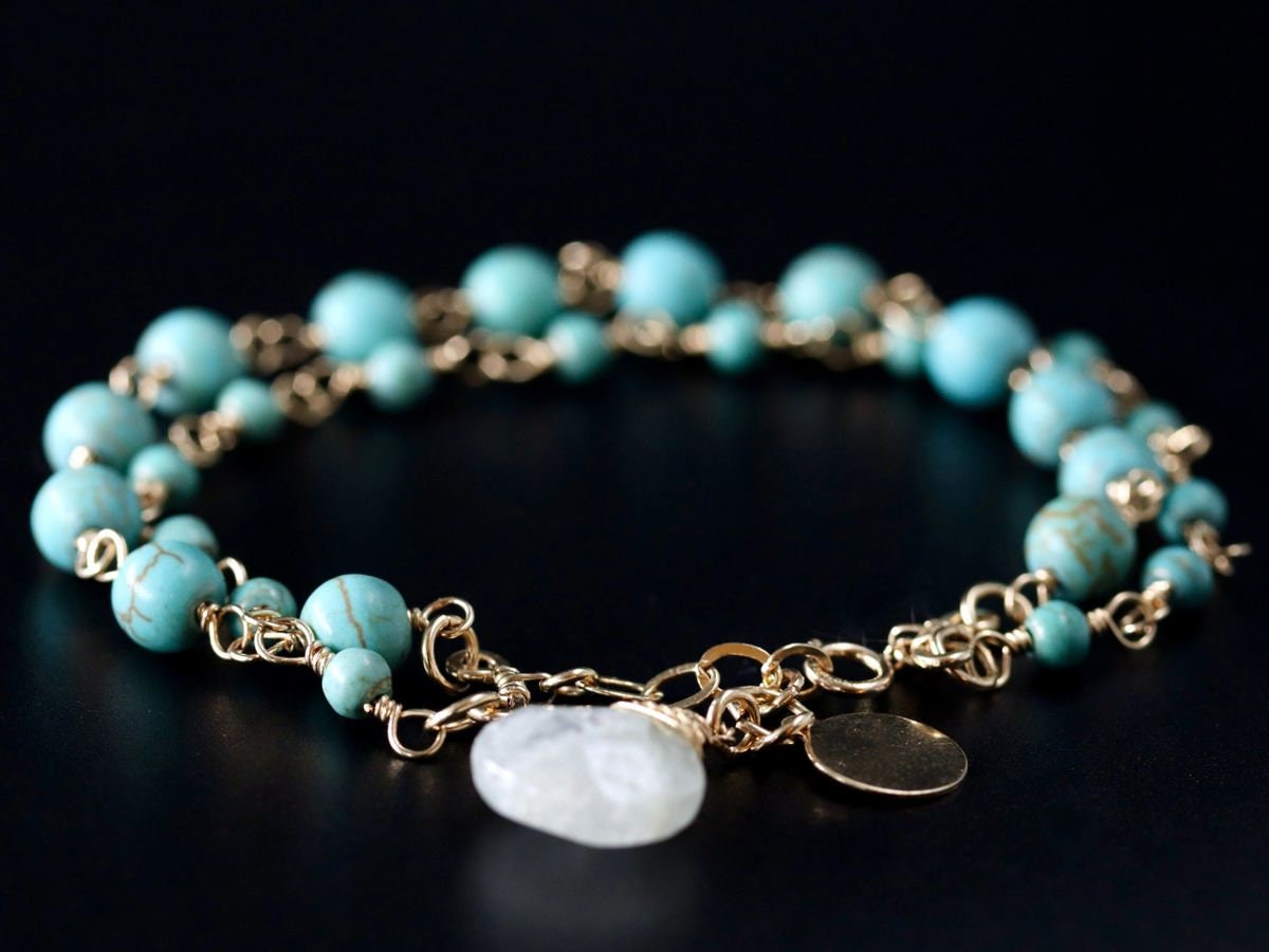Turquoise Magnesite Aquamarine Layering Gemstone Bracelet – 14K Gold Filled Chain, March Birthstone